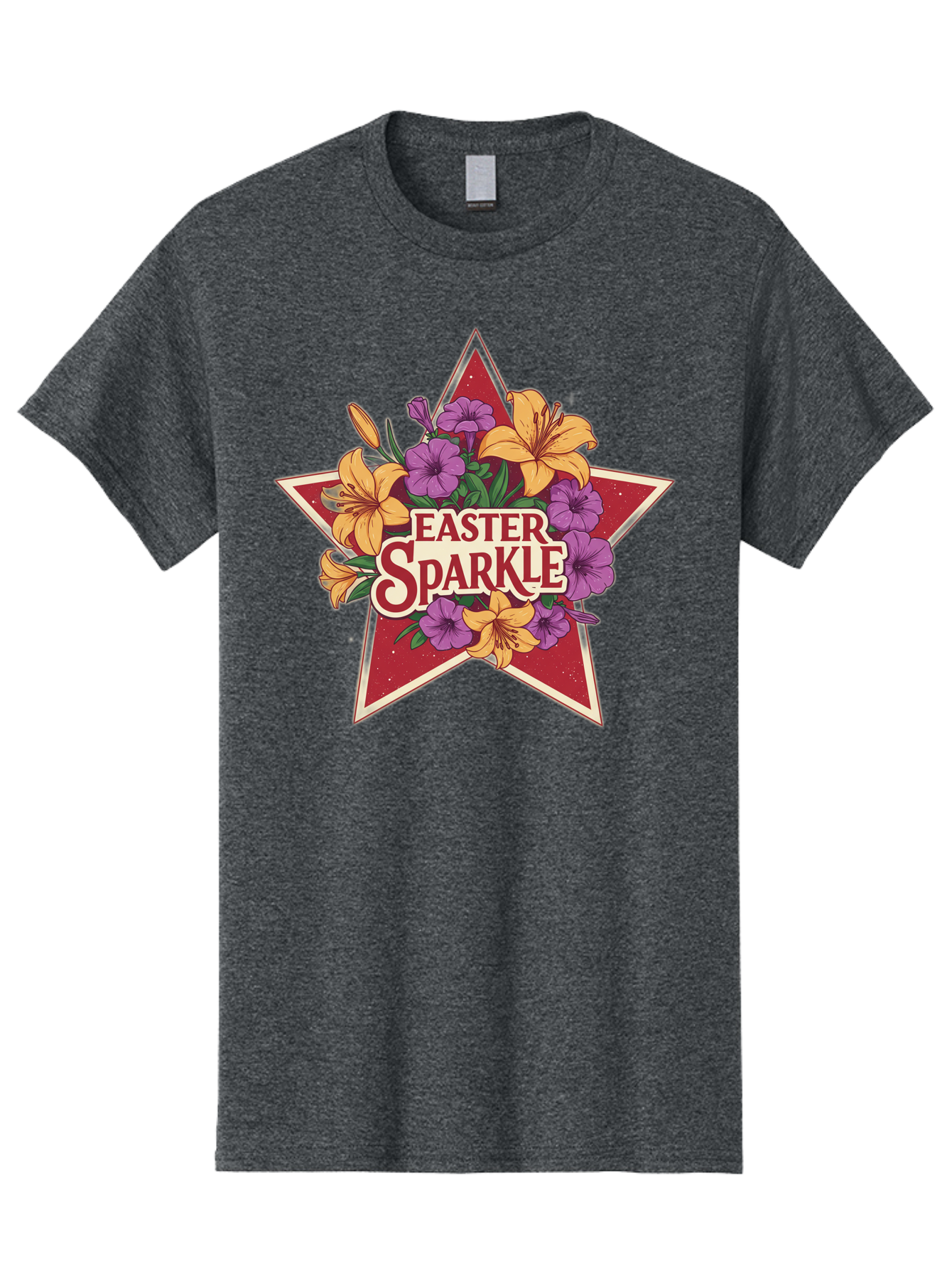 Easter-Sparkle Men'S Graphic Tee, 100% Cotton, Comfortable Casual Summer Wear, Machine Washable, Easter Sparkle, Yellow Lilies, Purple Flowers, Floral Arrangement, Red Star, Festive Design, Spring Celebration, Easter Decorations, Baa634