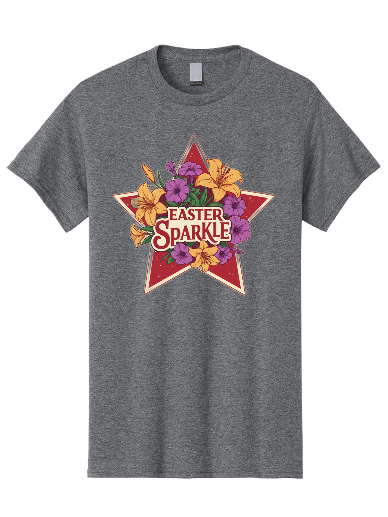 Easter-Sparkle Men'S Graphic Tee, 100% Cotton, Comfortable Casual Summer Wear, Machine Washable, Easter Sparkle, Yellow Lilies, Purple Flowers, Floral Arrangement, Red Star, Festive Design, Spring Celebration, Easter Decorations, Baa634