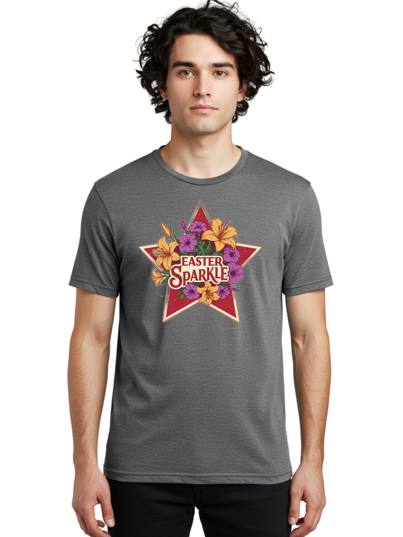 Easter-Sparkle Men'S Graphic Tee, 100% Cotton, Comfortable Casual Summer Wear, Machine Washable, Easter Sparkle, Yellow Lilies, Purple Flowers, Floral Arrangement, Red Star, Festive Design, Spring Celebration, Easter Decorations, Baa634