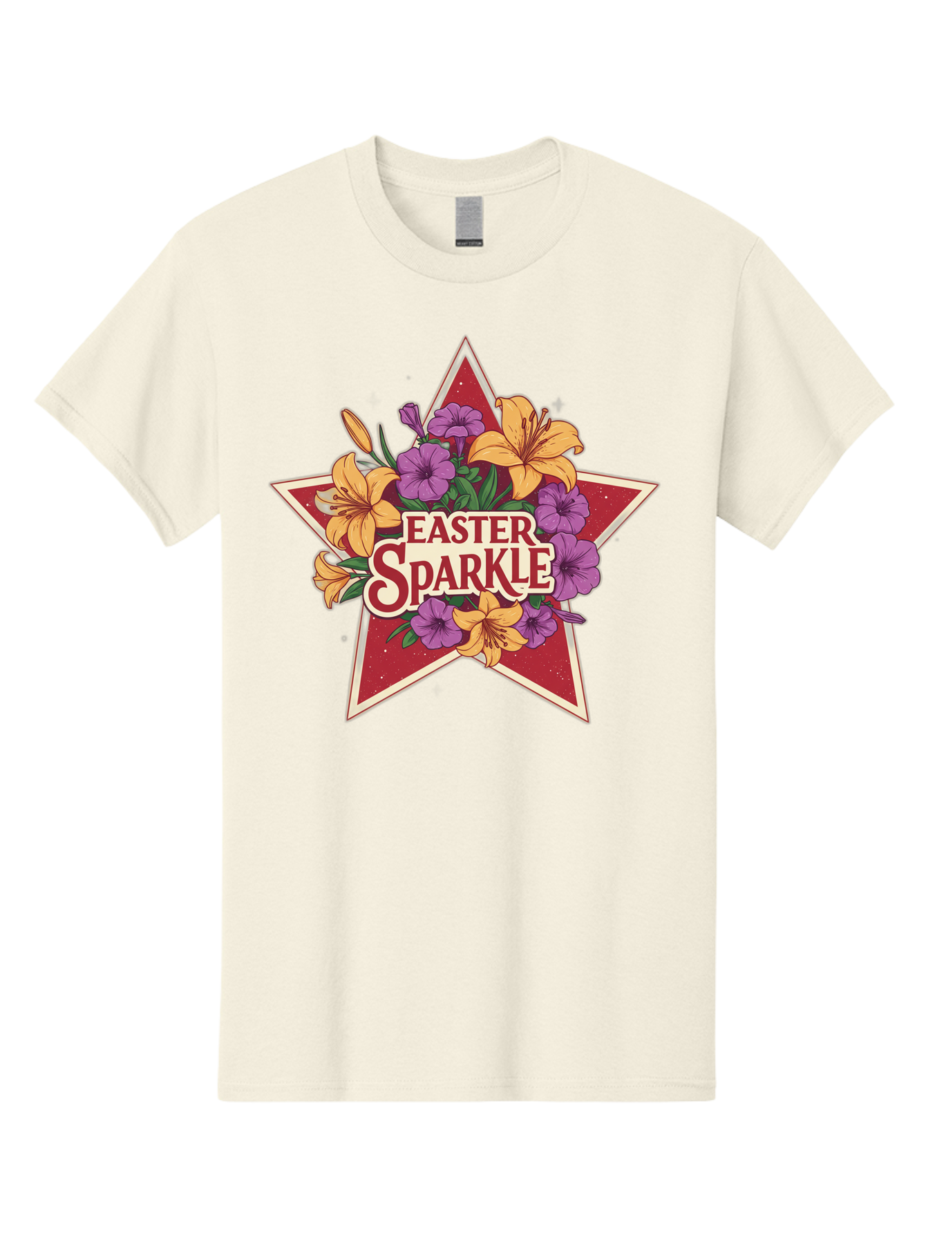 Easter-Sparkle Men'S Graphic Tee, 100% Cotton, Comfortable Casual Summer Wear, Machine Washable, Easter Sparkle, Yellow Lilies, Purple Flowers, Floral Arrangement, Red Star, Festive Design, Spring Celebration, Easter Decorations, Baa634