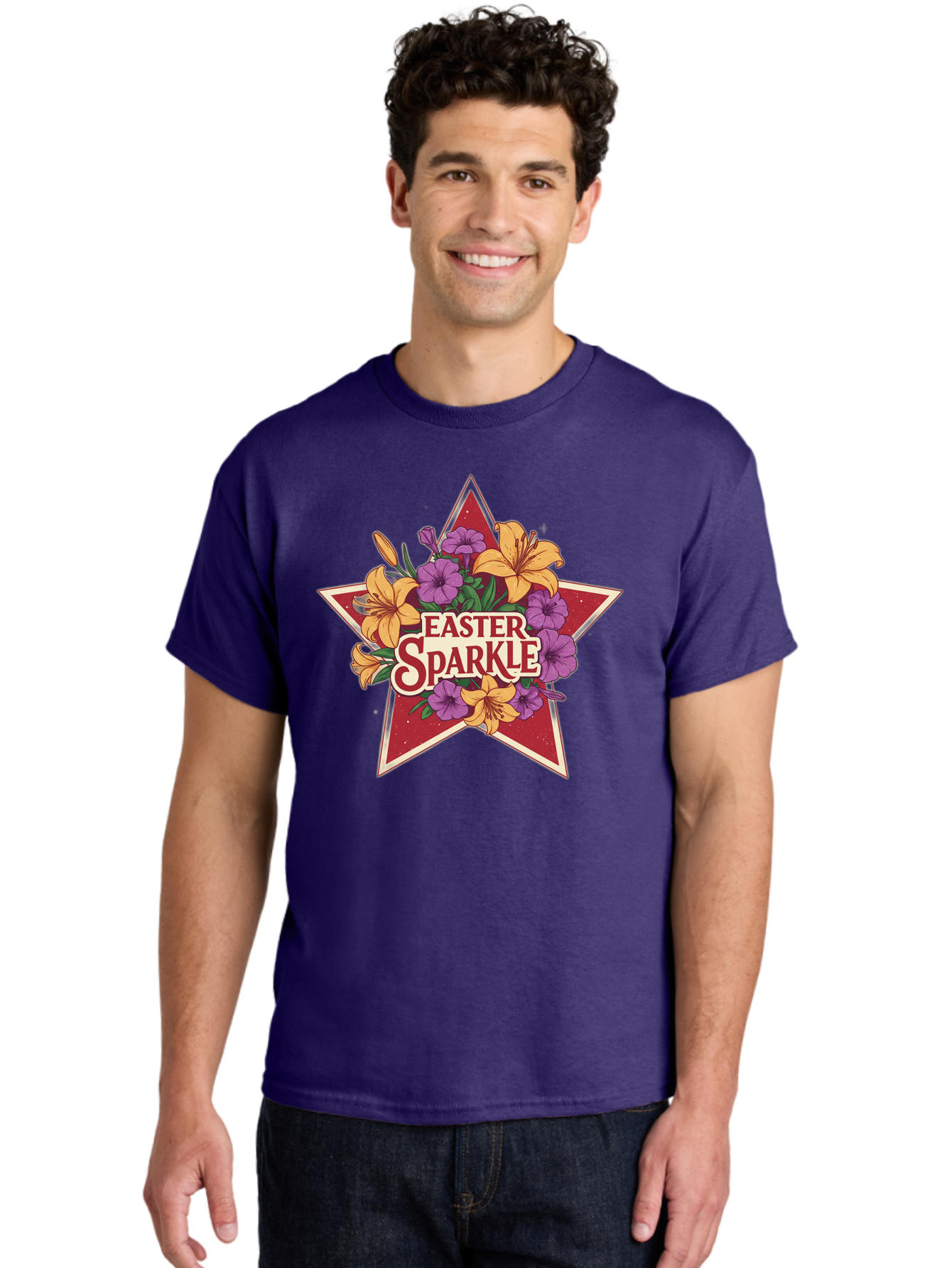 Easter-Sparkle Men'S Graphic Tee, 100% Cotton, Comfortable Casual Summer Wear, Machine Washable, Easter Sparkle, Yellow Lilies, Purple Flowers, Floral Arrangement, Red Star, Festive Design, Spring Celebration, Easter Decorations, Baa634