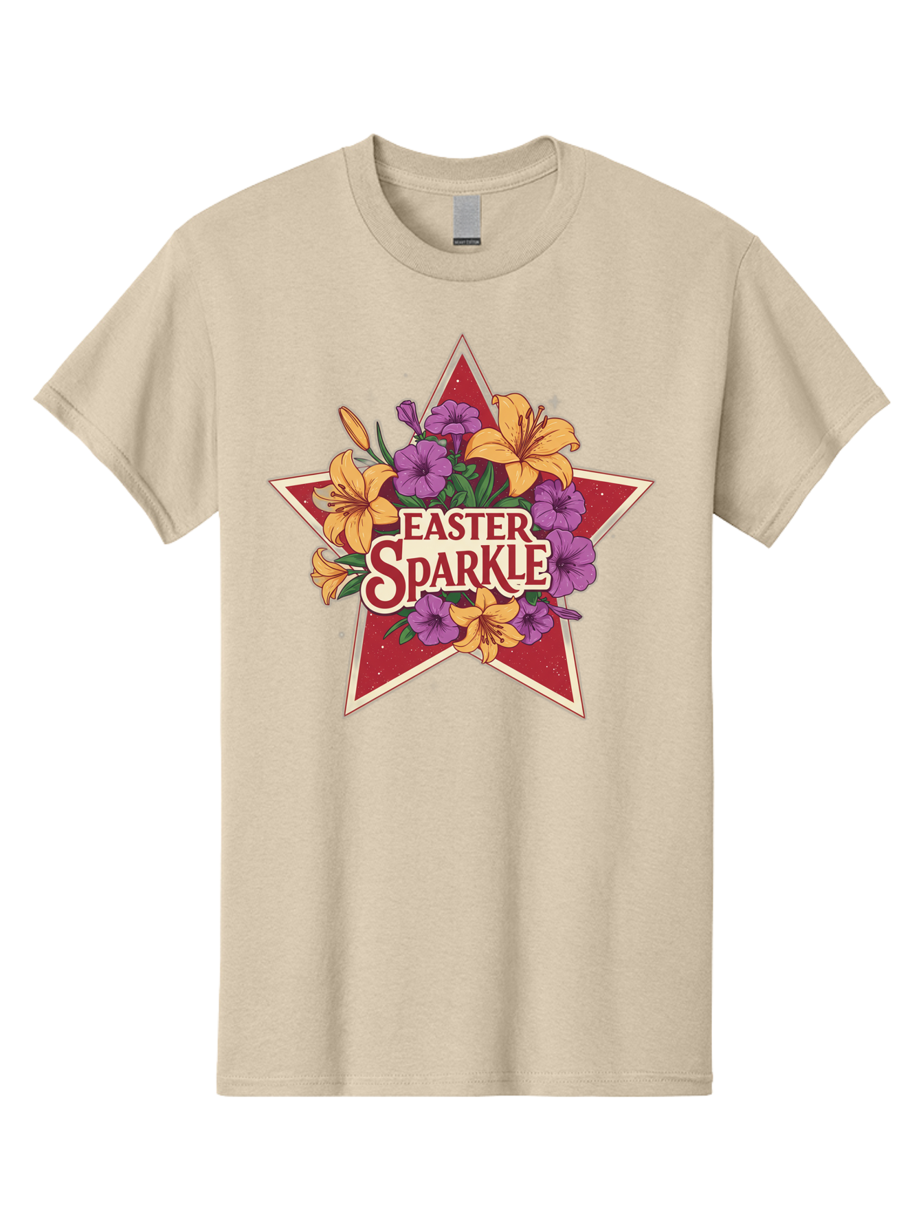 Easter-Sparkle Men'S Graphic Tee, 100% Cotton, Comfortable Casual Summer Wear, Machine Washable, Easter Sparkle, Yellow Lilies, Purple Flowers, Floral Arrangement, Red Star, Festive Design, Spring Celebration, Easter Decorations, Baa634