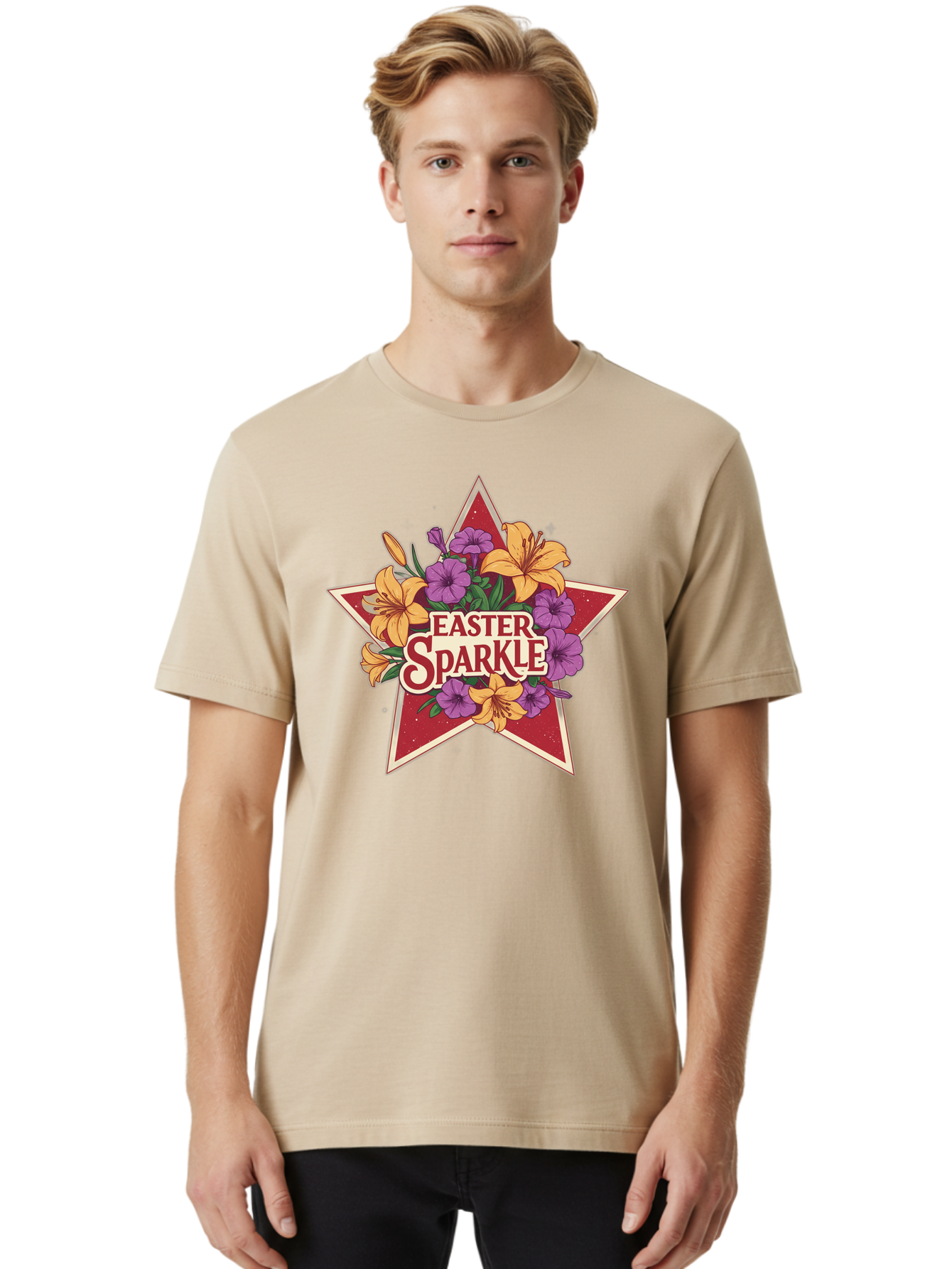 Easter-Sparkle Men'S Graphic Tee, 100% Cotton, Comfortable Casual Summer Wear, Machine Washable, Easter Sparkle, Yellow Lilies, Purple Flowers, Floral Arrangement, Red Star, Festive Design, Spring Celebration, Easter Decorations, Baa634