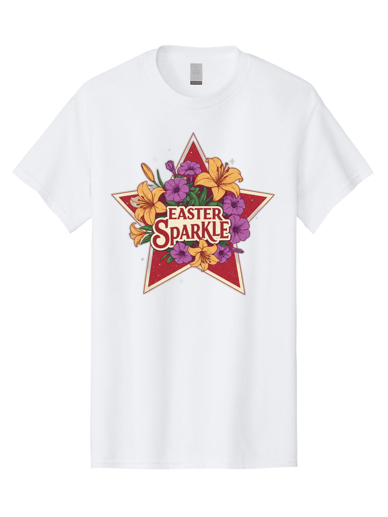 Easter-Sparkle Men'S Graphic Tee, 100% Cotton, Comfortable Casual Summer Wear, Machine Washable, Easter Sparkle, Yellow Lilies, Purple Flowers, Floral Arrangement, Red Star, Festive Design, Spring Celebration, Easter Decorations, Baa634