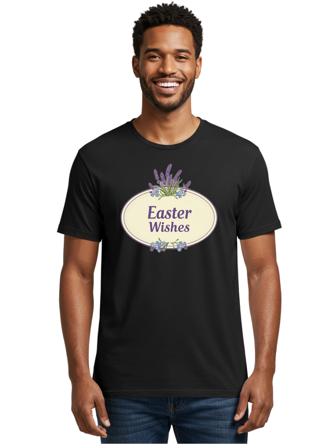 Easter-Wishes Men'S Graphic Tee, 100% Cotton, Comfortable Casual Summer Wear, Machine Washable, Easter Wishes, Easter Greeting Card, Spring Flowers, Floral Decoration, Purple Flowers, Lavender, Easter Message, Holiday Card, Festive Design, Baa635