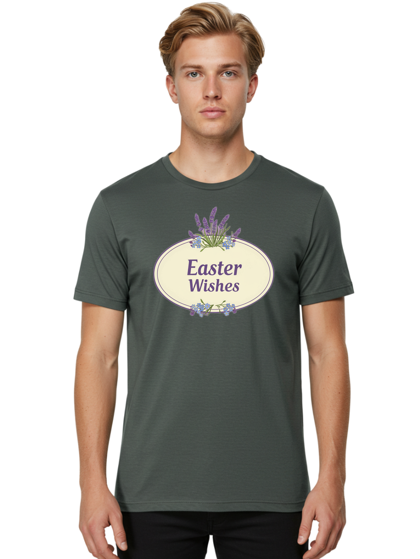 Easter-Wishes Men'S Graphic Tee, 100% Cotton, Comfortable Casual Summer Wear, Machine Washable, Easter Wishes, Easter Greeting Card, Spring Flowers, Floral Decoration, Purple Flowers, Lavender, Easter Message, Holiday Card, Festive Design, Baa635