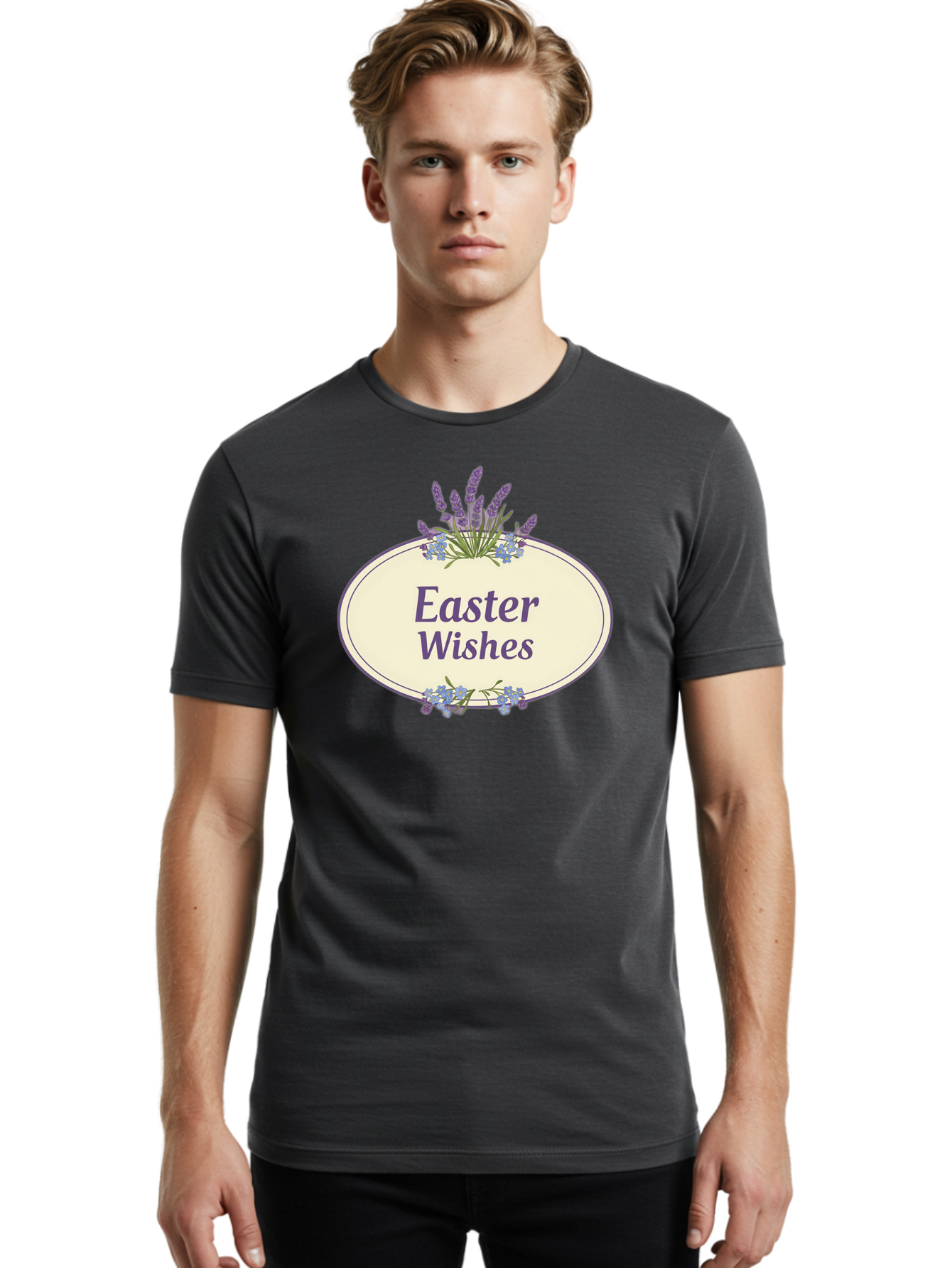Easter-Wishes Men'S Graphic Tee, 100% Cotton, Comfortable Casual Summer Wear, Machine Washable, Easter Wishes, Easter Greeting Card, Spring Flowers, Floral Decoration, Purple Flowers, Lavender, Easter Message, Holiday Card, Festive Design, Baa635