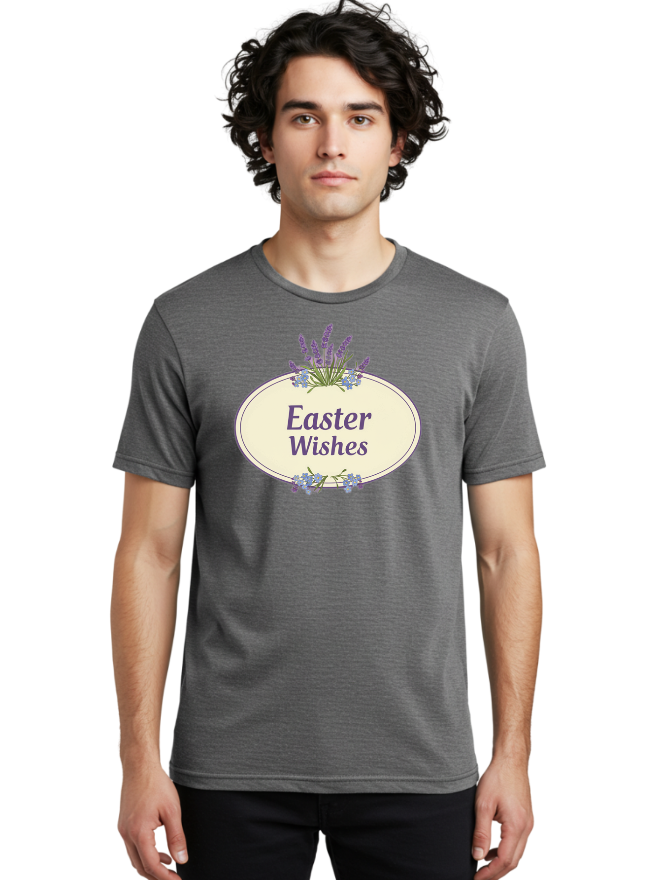 Easter-Wishes Men'S Graphic Tee, 100% Cotton, Comfortable Casual Summer Wear, Machine Washable, Easter Wishes, Easter Greeting Card, Spring Flowers, Floral Decoration, Purple Flowers, Lavender, Easter Message, Holiday Card, Festive Design, Baa635