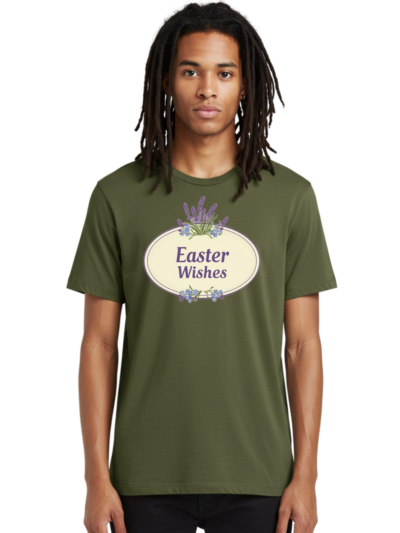Easter-Wishes Men'S Graphic Tee, 100% Cotton, Comfortable Casual Summer Wear, Machine Washable, Easter Wishes, Easter Greeting Card, Spring Flowers, Floral Decoration, Purple Flowers, Lavender, Easter Message, Holiday Card, Festive Design, Baa635