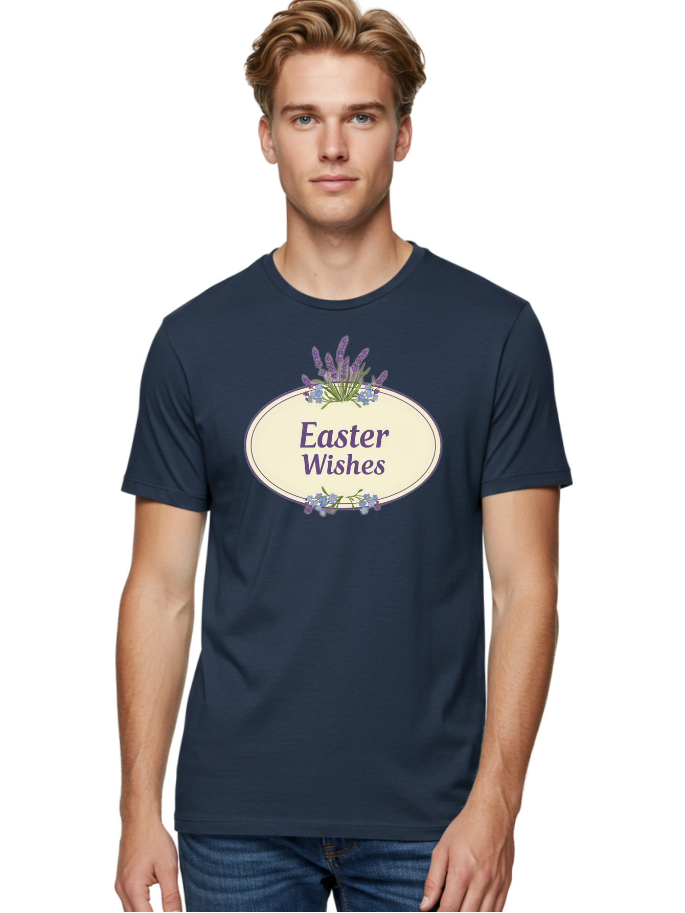 Easter-Wishes Men'S Graphic Tee, 100% Cotton, Comfortable Casual Summer Wear, Machine Washable, Easter Wishes, Easter Greeting Card, Spring Flowers, Floral Decoration, Purple Flowers, Lavender, Easter Message, Holiday Card, Festive Design, Baa635