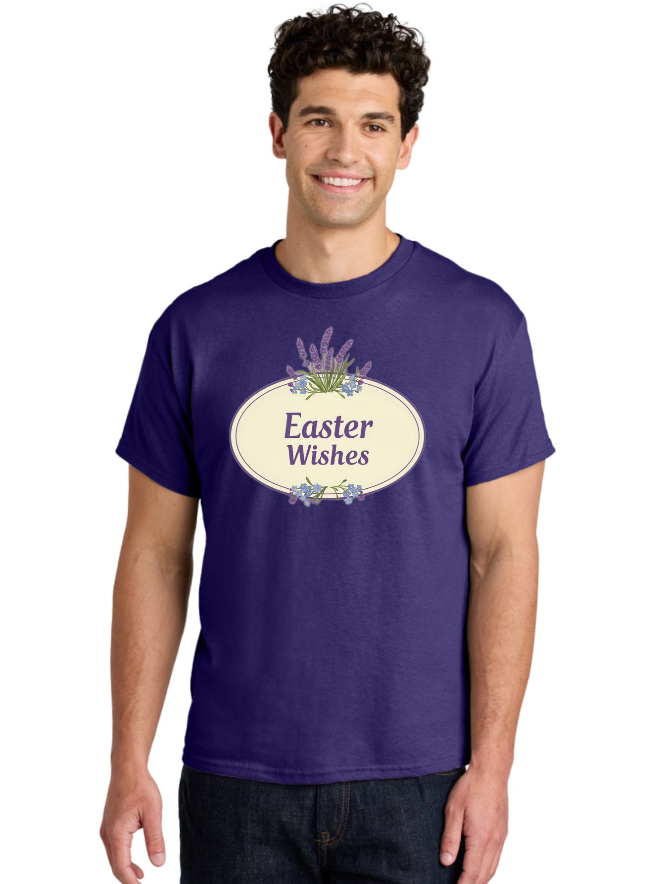Easter-Wishes Men'S Graphic Tee, 100% Cotton, Comfortable Casual Summer Wear, Machine Washable, Easter Wishes, Easter Greeting Card, Spring Flowers, Floral Decoration, Purple Flowers, Lavender, Easter Message, Holiday Card, Festive Design, Baa635
