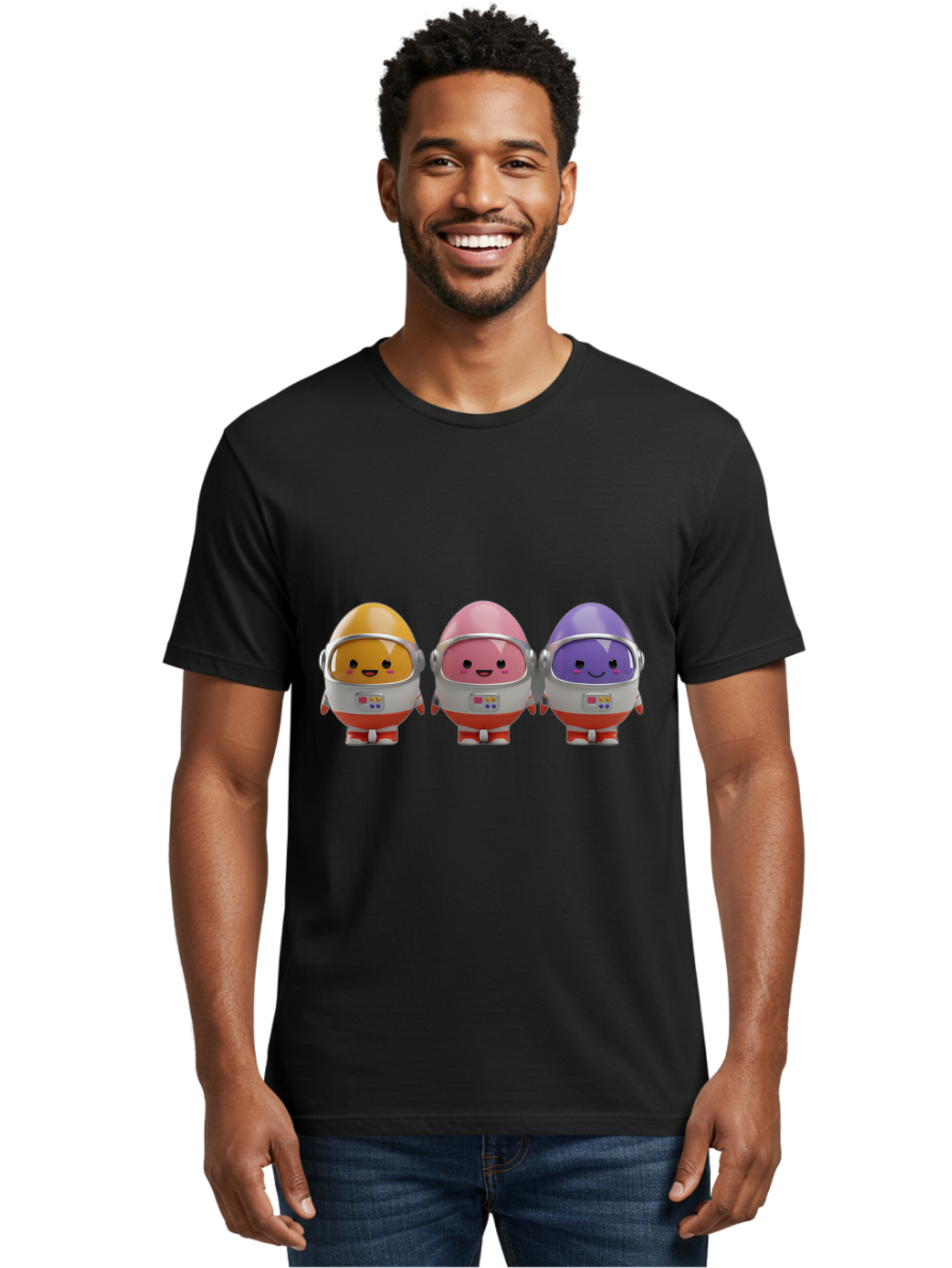 Egg-Astronauts Men'S Graphic Tee, 100% Cotton, Comfortable Casual Summer Wear, Machine Washable, Cartoon Eggs, Space Astronauts, Colorful Characters, Happy Faces, Silver Helmets, Red Boots, Futuristic Design, Playful Illustration, Cute Robots, Baa639