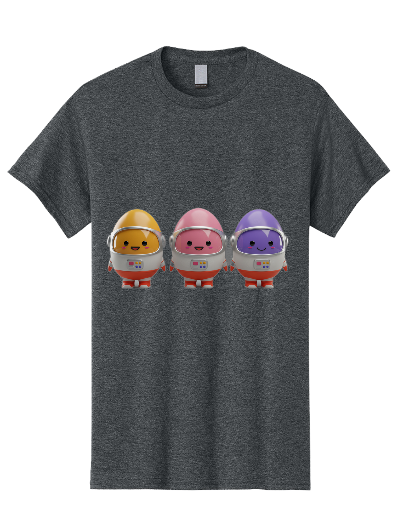 Egg-Astronauts Men'S Graphic Tee, 100% Cotton, Comfortable Casual Summer Wear, Machine Washable, Cartoon Eggs, Space Astronauts, Colorful Characters, Happy Faces, Silver Helmets, Red Boots, Futuristic Design, Playful Illustration, Cute Robots, Baa639