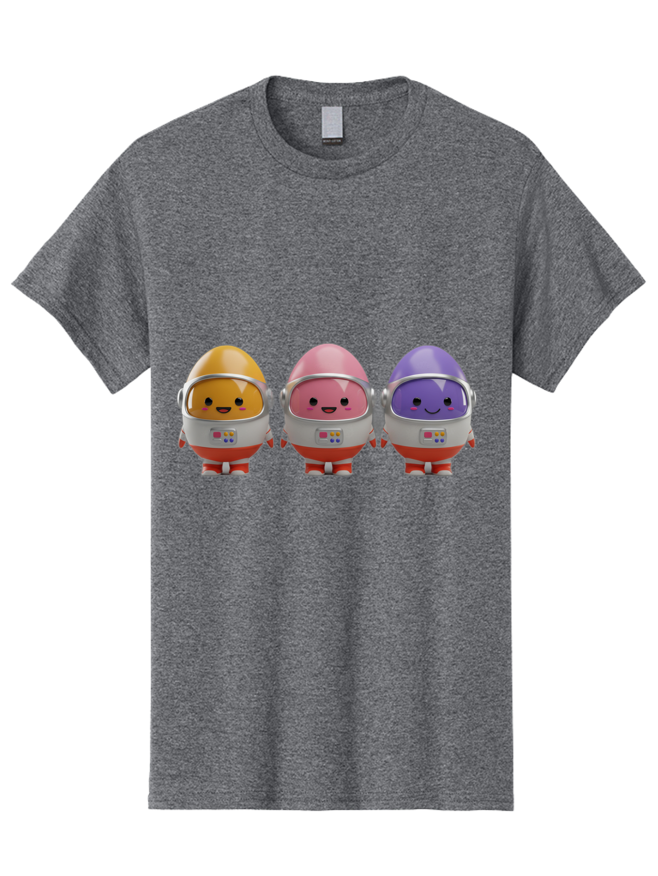 Egg-Astronauts Men'S Graphic Tee, 100% Cotton, Comfortable Casual Summer Wear, Machine Washable, Cartoon Eggs, Space Astronauts, Colorful Characters, Happy Faces, Silver Helmets, Red Boots, Futuristic Design, Playful Illustration, Cute Robots, Baa639