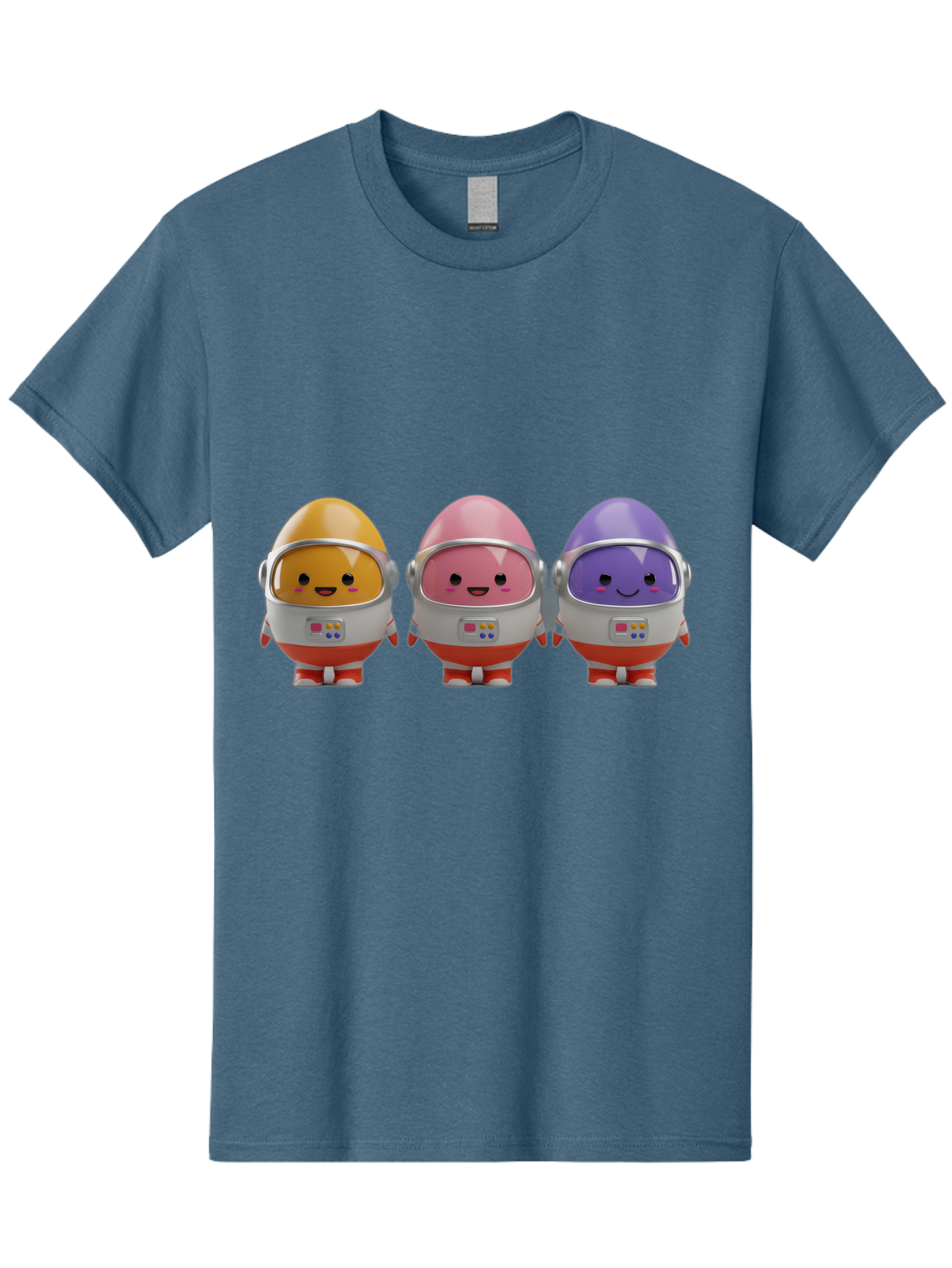 Egg-Astronauts Men'S Graphic Tee, 100% Cotton, Comfortable Casual Summer Wear, Machine Washable, Cartoon Eggs, Space Astronauts, Colorful Characters, Happy Faces, Silver Helmets, Red Boots, Futuristic Design, Playful Illustration, Cute Robots, Baa639