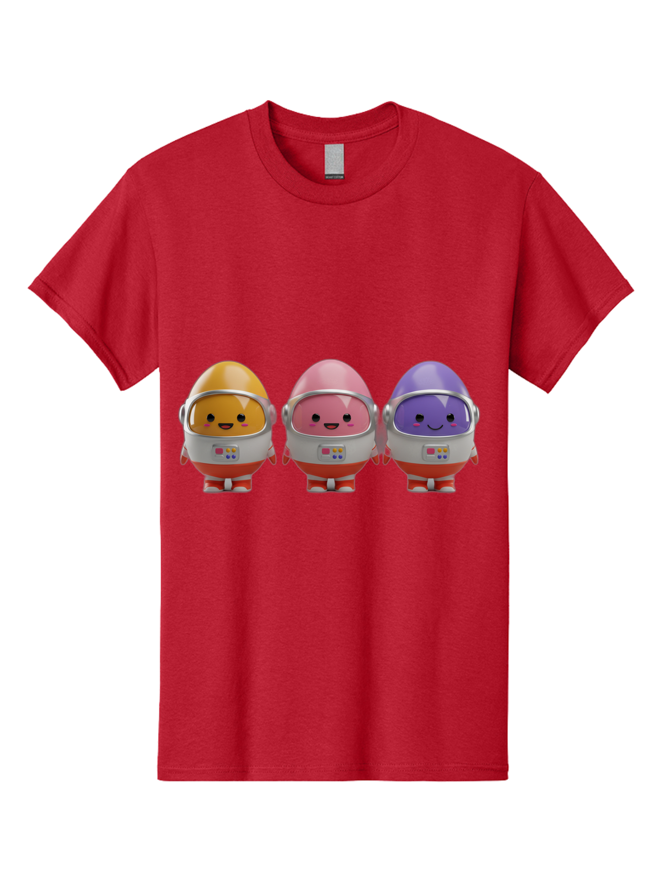 Egg-Astronauts Men'S Graphic Tee, 100% Cotton, Comfortable Casual Summer Wear, Machine Washable, Cartoon Eggs, Space Astronauts, Colorful Characters, Happy Faces, Silver Helmets, Red Boots, Futuristic Design, Playful Illustration, Cute Robots, Baa639