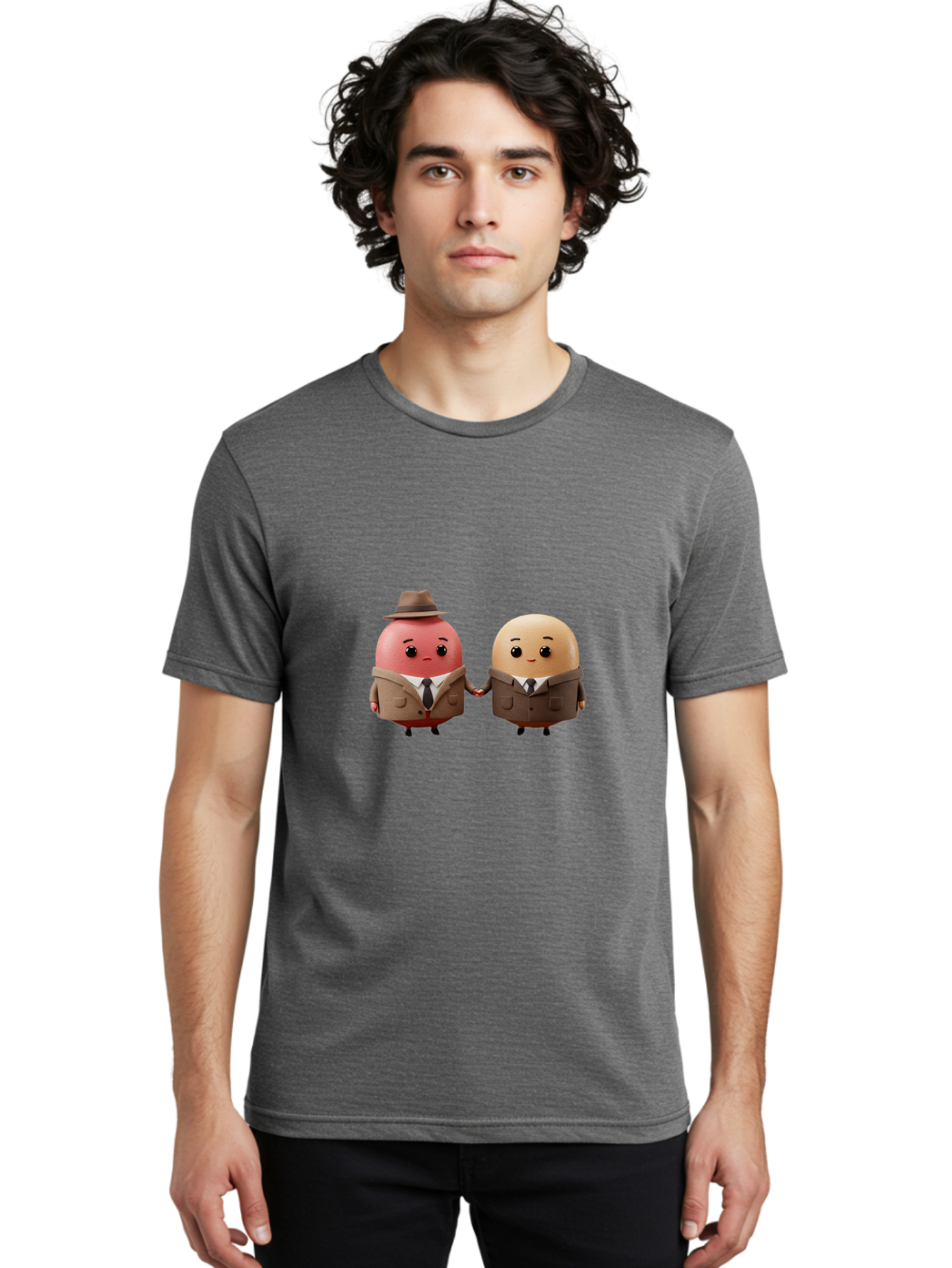 Egg-Detectives Men'S Graphic Tee, 100% Cotton, Comfortable Casual Summer Wear, Machine Washable, Cartoon Eggs In Suits, Holding Hands, 3D Characters, Whimsical Design, Comedic Relief, Funny Illustration, Quirky Friendship Baa641