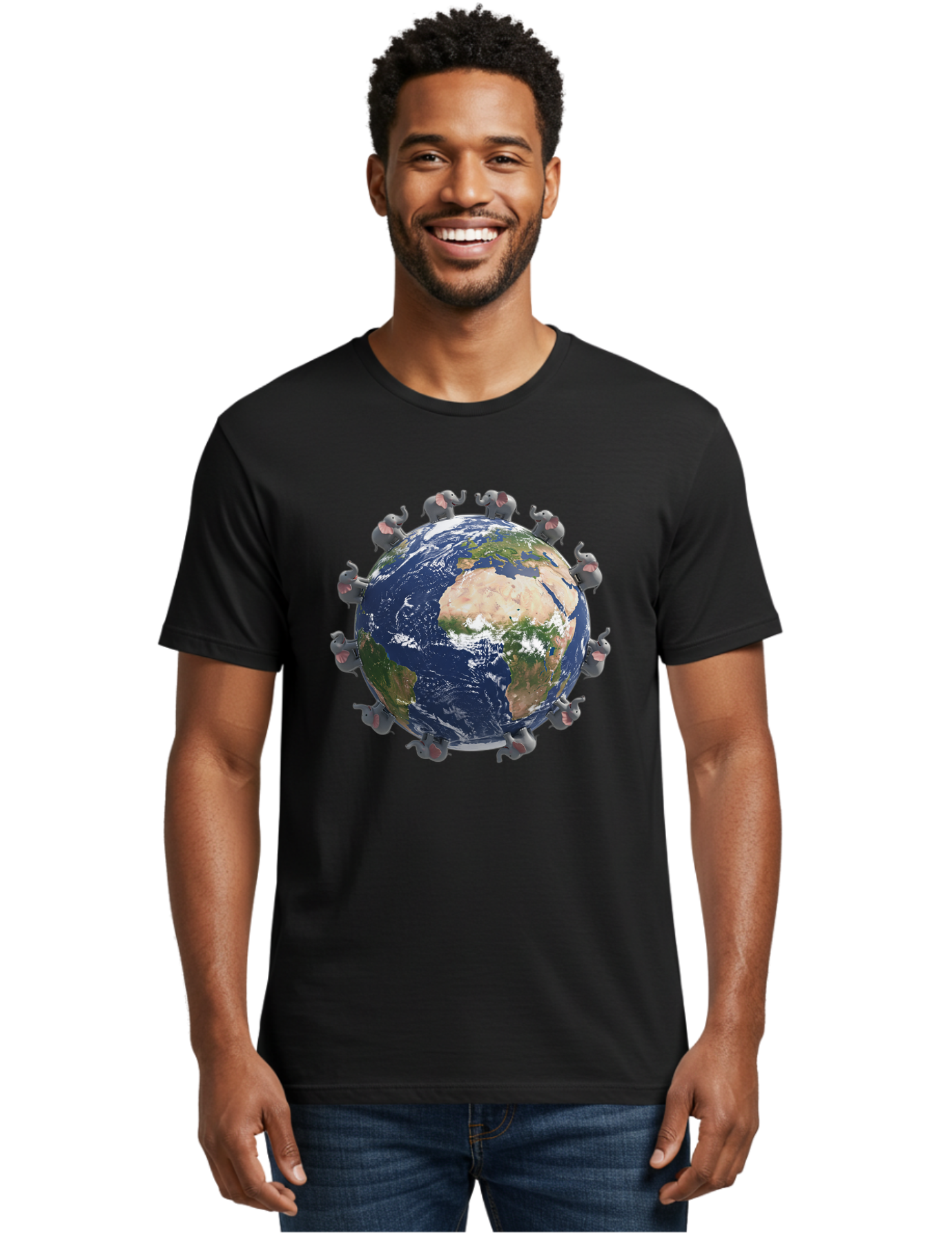 Elephants-Holding-Earth Men'S Graphic Tee, 100% Cotton, Comfortable Casual Summer Wear, Machine Washable, Elephants Surrounding The Earth, Global Unity, Conservation Efforts, Wildlife Protection, Animal Lovers, Earth'S Beauty, Baa644