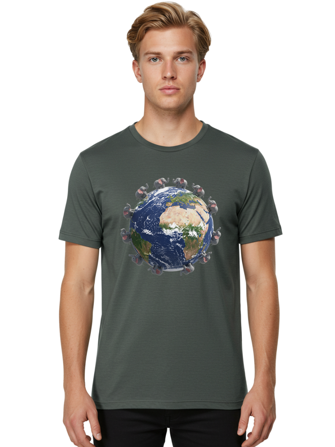 Elephants-Holding-Earth Men'S Graphic Tee, 100% Cotton, Comfortable Casual Summer Wear, Machine Washable, Elephants Surrounding The Earth, Global Unity, Conservation Efforts, Wildlife Protection, Animal Lovers, Earth'S Beauty, Baa644