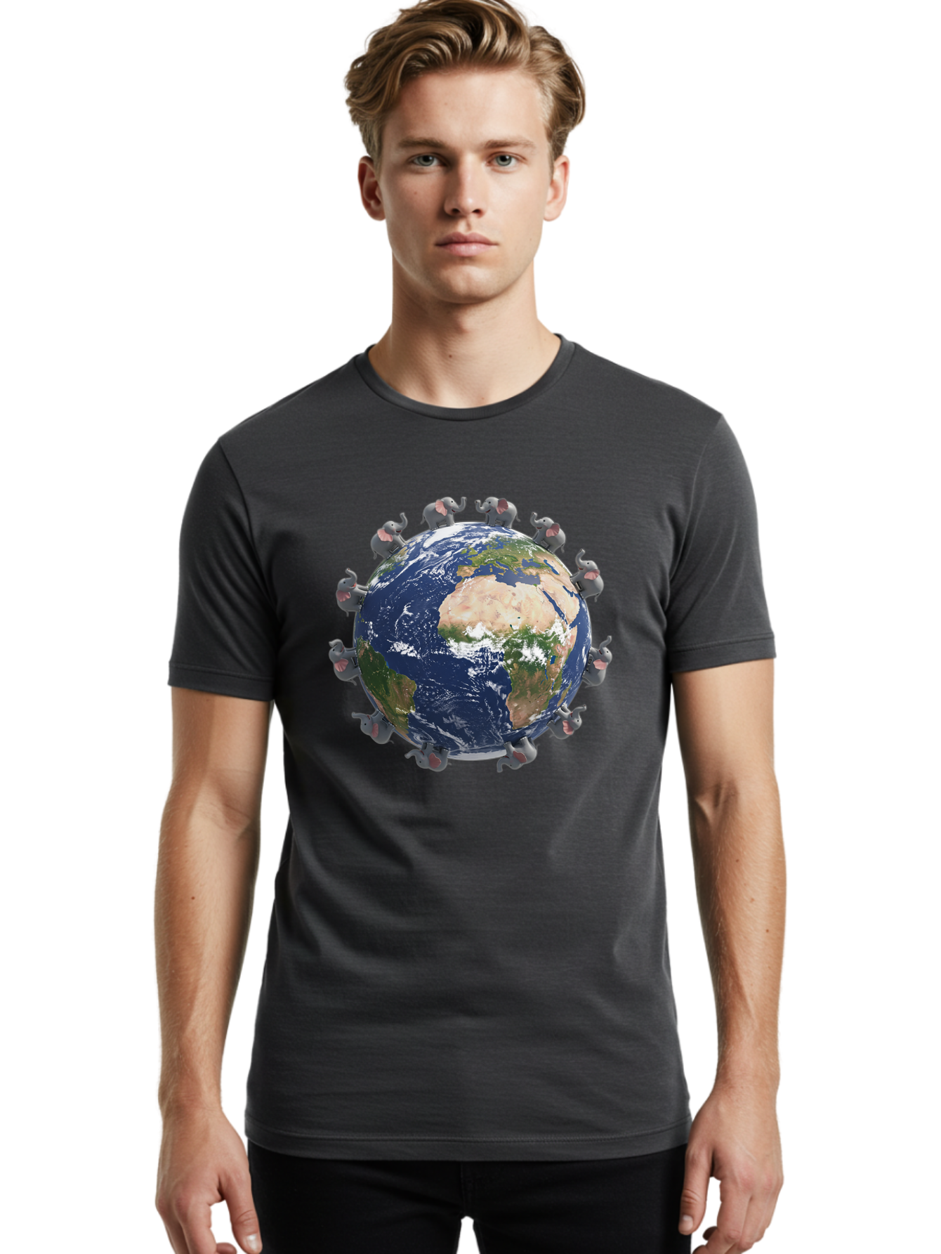 Elephants-Holding-Earth Men'S Graphic Tee, 100% Cotton, Comfortable Casual Summer Wear, Machine Washable, Elephants Surrounding The Earth, Global Unity, Conservation Efforts, Wildlife Protection, Animal Lovers, Earth'S Beauty, Baa644
