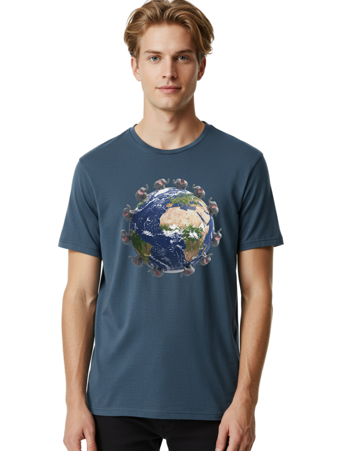 Elephants-Holding-Earth Men'S Graphic Tee, 100% Cotton, Comfortable Casual Summer Wear, Machine Washable, Elephants Surrounding The Earth, Global Unity, Conservation Efforts, Wildlife Protection, Animal Lovers, Earth'S Beauty, Baa644