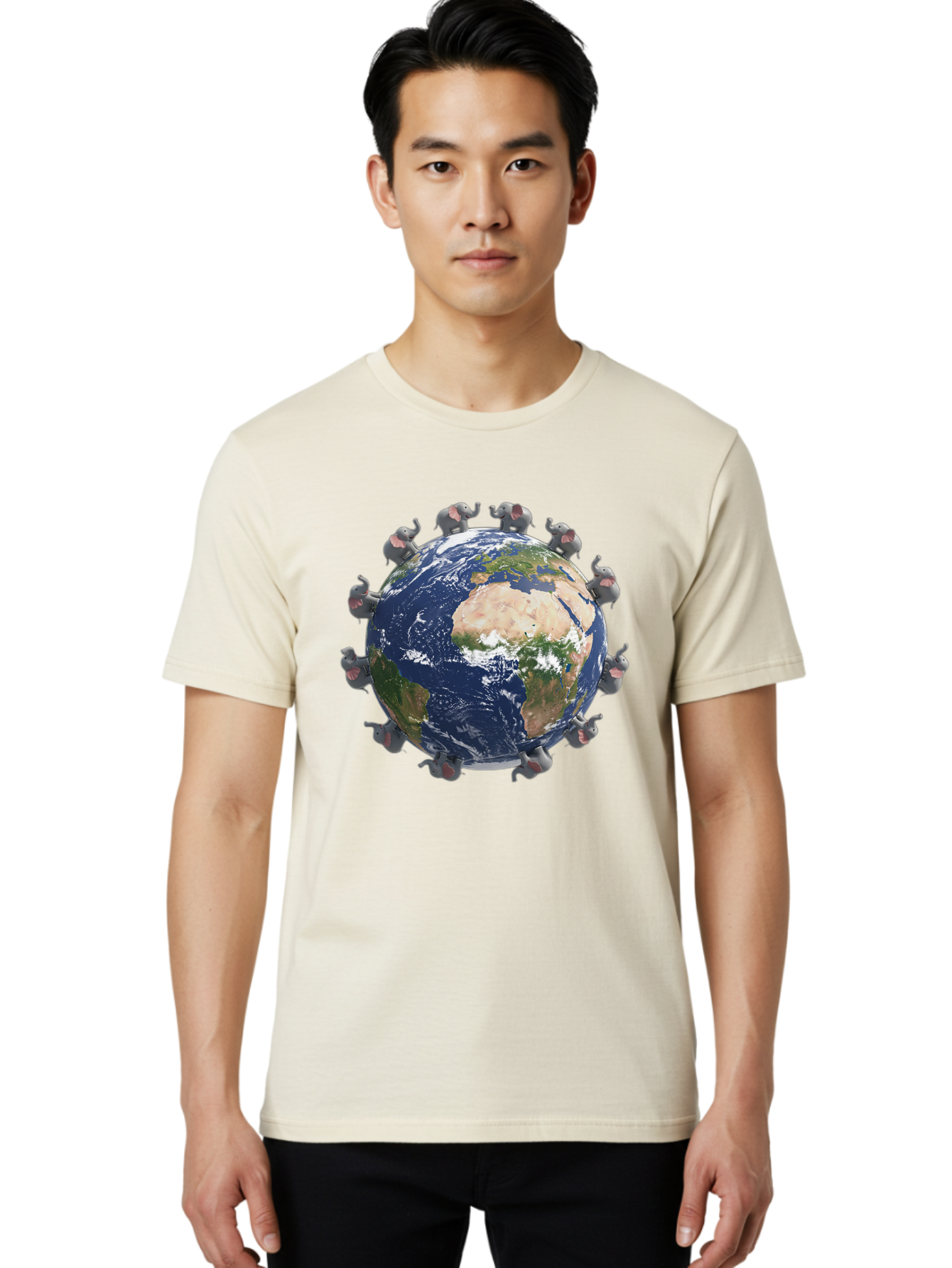 Elephants-Holding-Earth Men'S Graphic Tee, 100% Cotton, Comfortable Casual Summer Wear, Machine Washable, Elephants Surrounding The Earth, Global Unity, Conservation Efforts, Wildlife Protection, Animal Lovers, Earth'S Beauty, Baa644