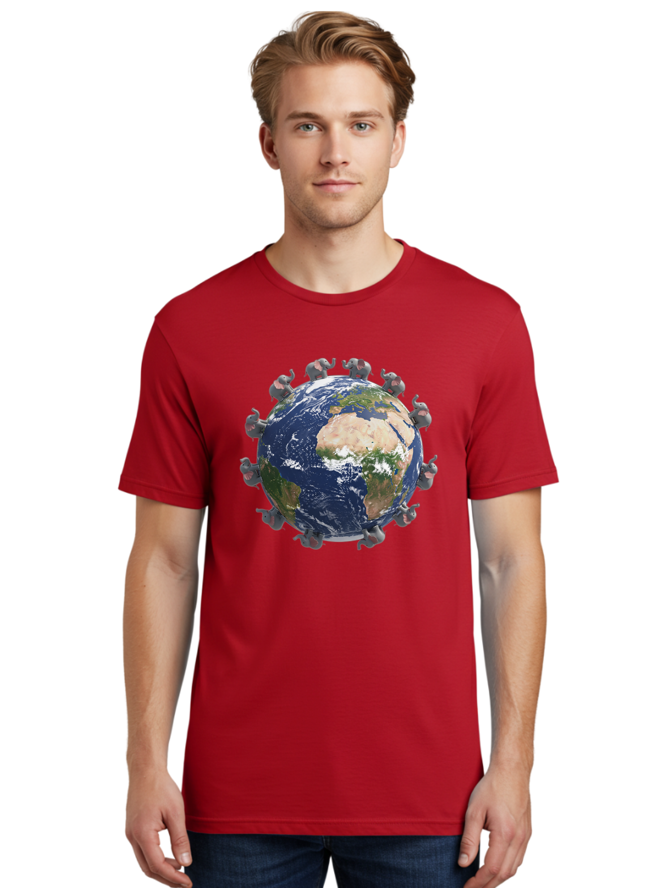Elephants-Holding-Earth Men'S Graphic Tee, 100% Cotton, Comfortable Casual Summer Wear, Machine Washable, Elephants Surrounding The Earth, Global Unity, Conservation Efforts, Wildlife Protection, Animal Lovers, Earth'S Beauty, Baa644
