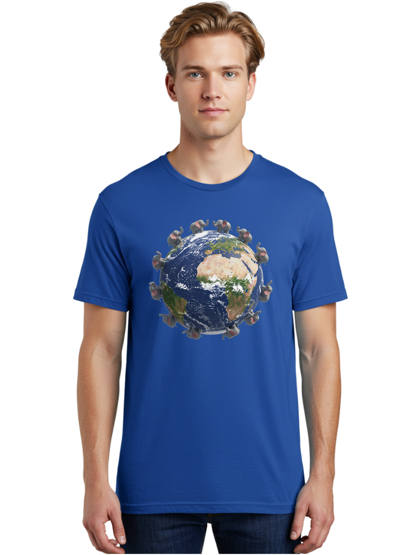 Elephants-Holding-Earth Men'S Graphic Tee, 100% Cotton, Comfortable Casual Summer Wear, Machine Washable, Elephants Surrounding The Earth, Global Unity, Conservation Efforts, Wildlife Protection, Animal Lovers, Earth'S Beauty, Baa644
