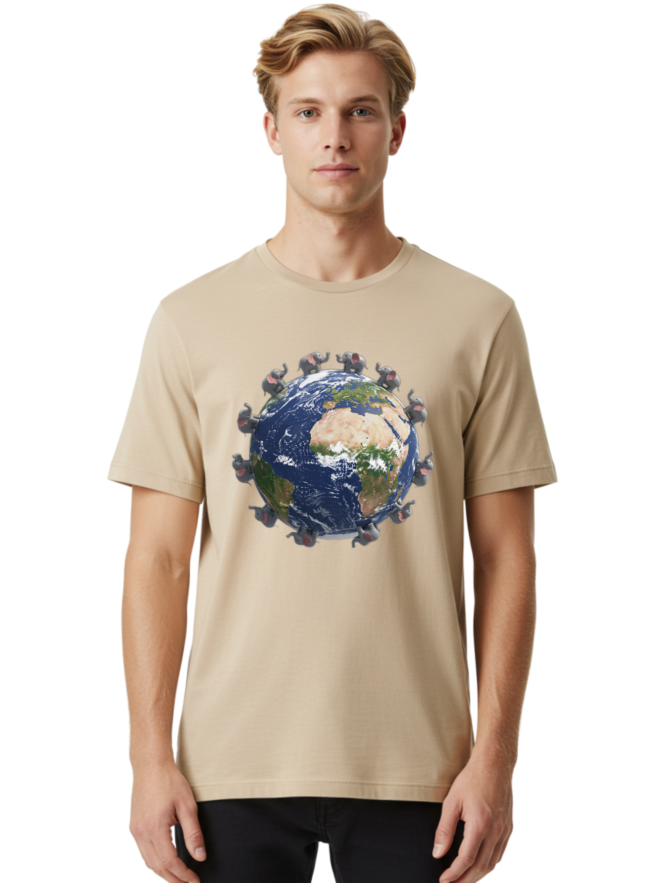 Elephants-Holding-Earth Men'S Graphic Tee, 100% Cotton, Comfortable Casual Summer Wear, Machine Washable, Elephants Surrounding The Earth, Global Unity, Conservation Efforts, Wildlife Protection, Animal Lovers, Earth'S Beauty, Baa644