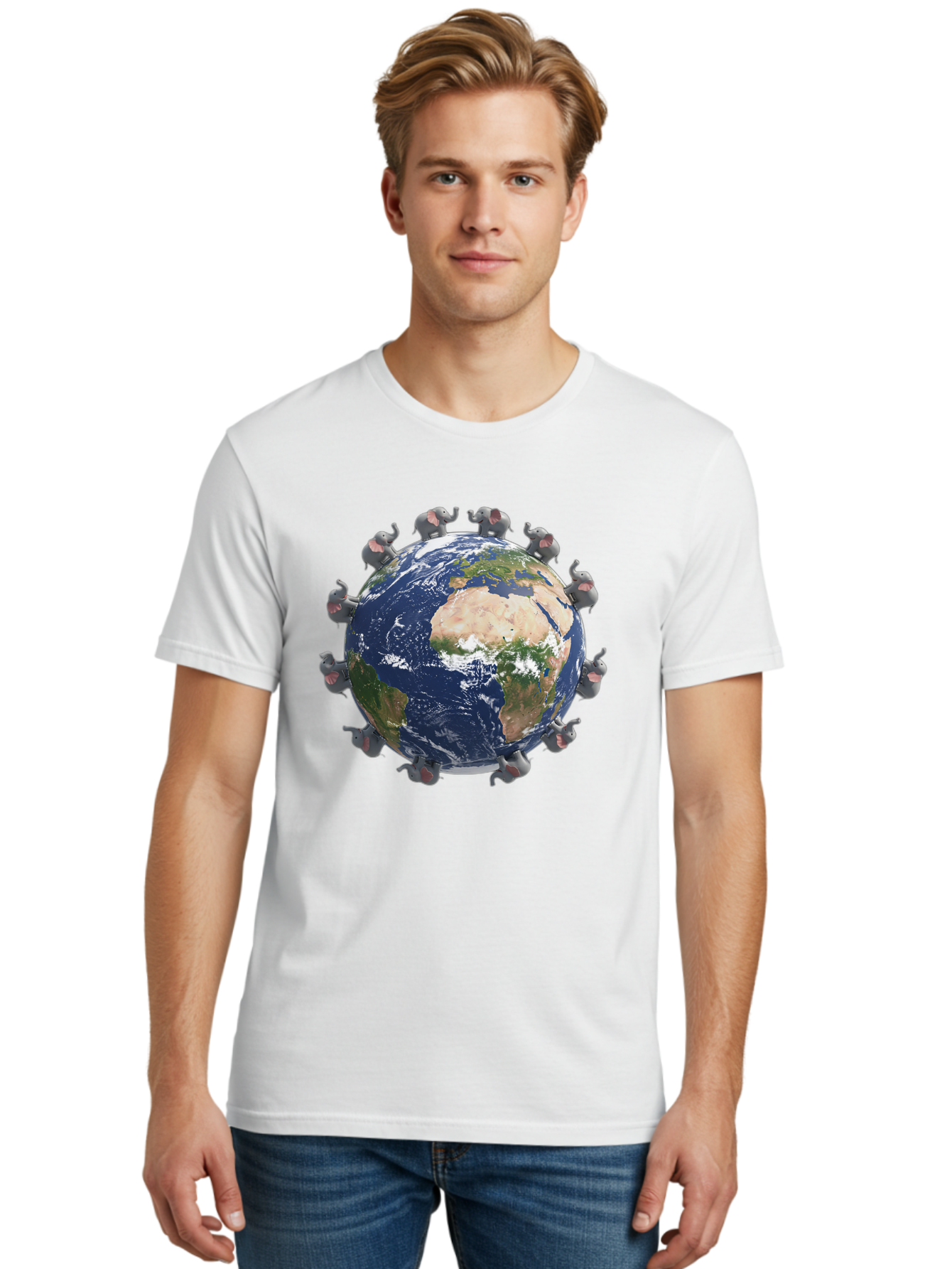 Elephants-Holding-Earth Men'S Graphic Tee, 100% Cotton, Comfortable Casual Summer Wear, Machine Washable, Elephants Surrounding The Earth, Global Unity, Conservation Efforts, Wildlife Protection, Animal Lovers, Earth'S Beauty, Baa644