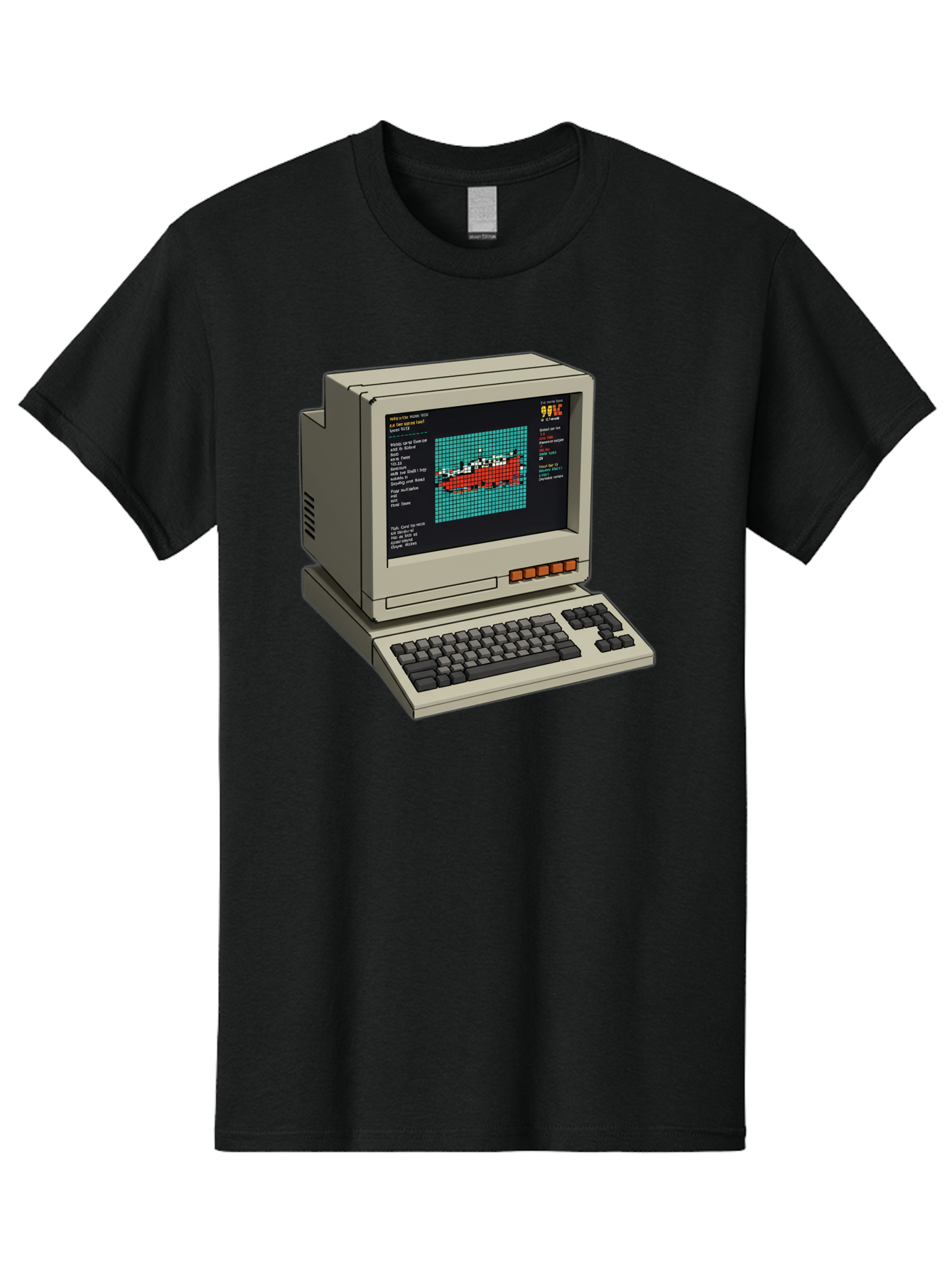 Elite-Game-On-Apple-Ii Men'S Graphic Tee, 100% Cotton, Comfortable Casual Summer Wear, Machine Washable, Retro Computer, Apple Ii, Vintage Technology, Pixel Art, Old School Gaming, 8-Bit Graphics, Red Boat, Turquoise Grid Baa645