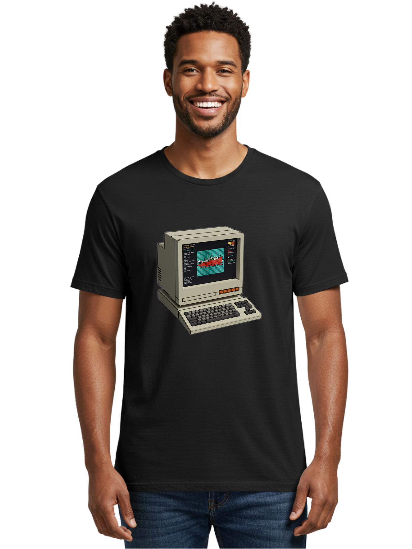 Elite-Game-On-Apple-Ii Men'S Graphic Tee, 100% Cotton, Comfortable Casual Summer Wear, Machine Washable, Retro Computer, Apple Ii, Vintage Technology, Pixel Art, Old School Gaming, 8-Bit Graphics, Red Boat, Turquoise Grid Baa645
