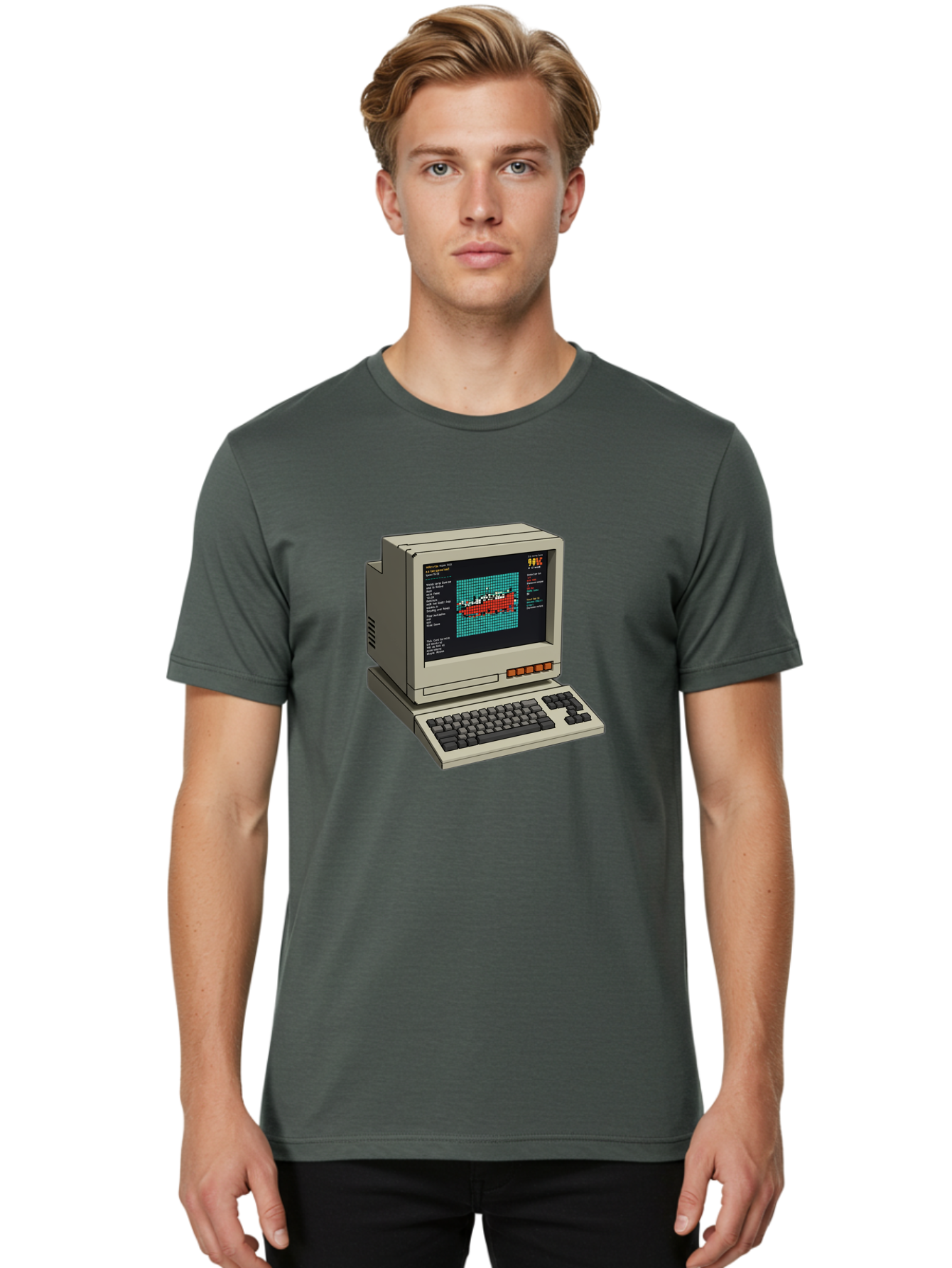 Elite-Game-On-Apple-Ii Men'S Graphic Tee, 100% Cotton, Comfortable Casual Summer Wear, Machine Washable, Retro Computer, Apple Ii, Vintage Technology, Pixel Art, Old School Gaming, 8-Bit Graphics, Red Boat, Turquoise Grid Baa645