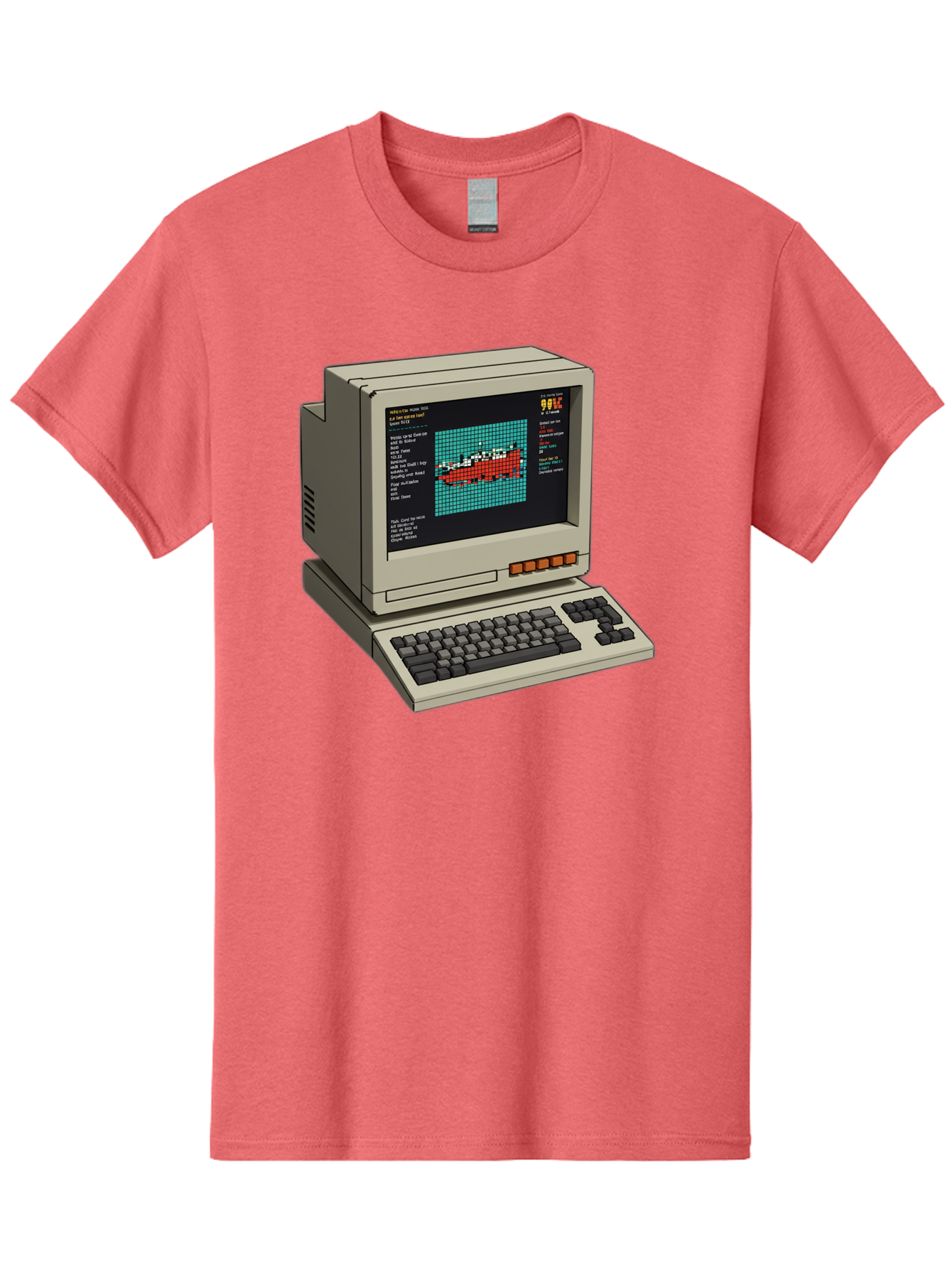 Elite-Game-On-Apple-Ii Men'S Graphic Tee, 100% Cotton, Comfortable Casual Summer Wear, Machine Washable, Retro Computer, Apple Ii, Vintage Technology, Pixel Art, Old School Gaming, 8-Bit Graphics, Red Boat, Turquoise Grid Baa645