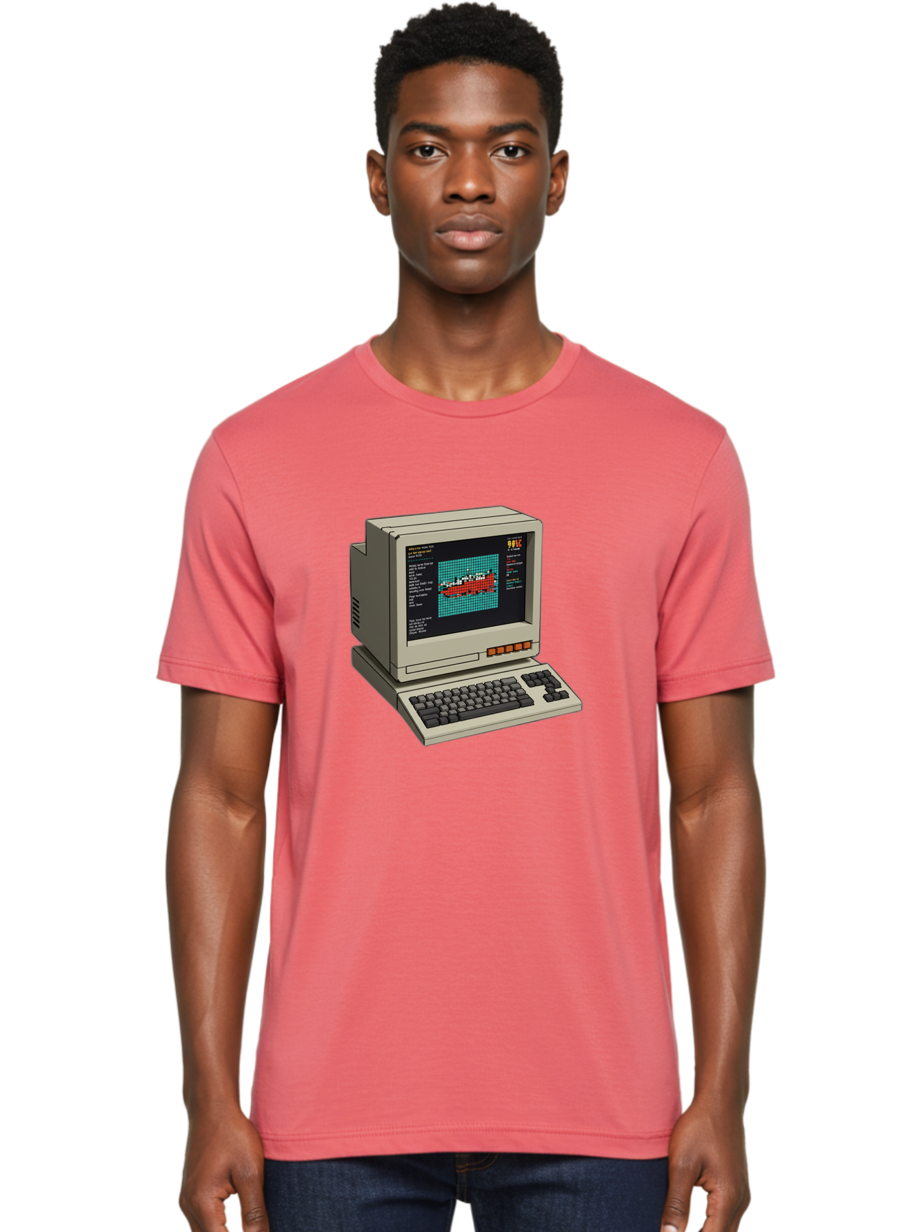 Elite-Game-On-Apple-Ii Men'S Graphic Tee, 100% Cotton, Comfortable Casual Summer Wear, Machine Washable, Retro Computer, Apple Ii, Vintage Technology, Pixel Art, Old School Gaming, 8-Bit Graphics, Red Boat, Turquoise Grid Baa645