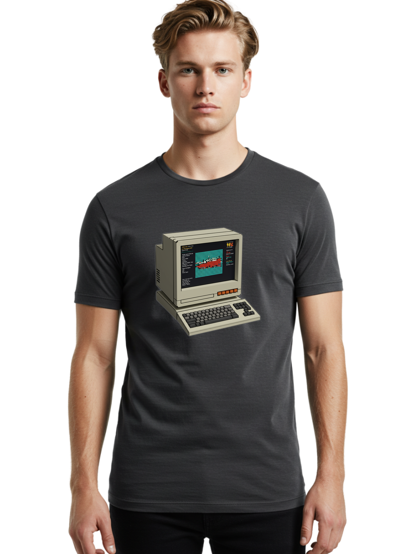 Elite-Game-On-Apple-Ii Men'S Graphic Tee, 100% Cotton, Comfortable Casual Summer Wear, Machine Washable, Retro Computer, Apple Ii, Vintage Technology, Pixel Art, Old School Gaming, 8-Bit Graphics, Red Boat, Turquoise Grid Baa645