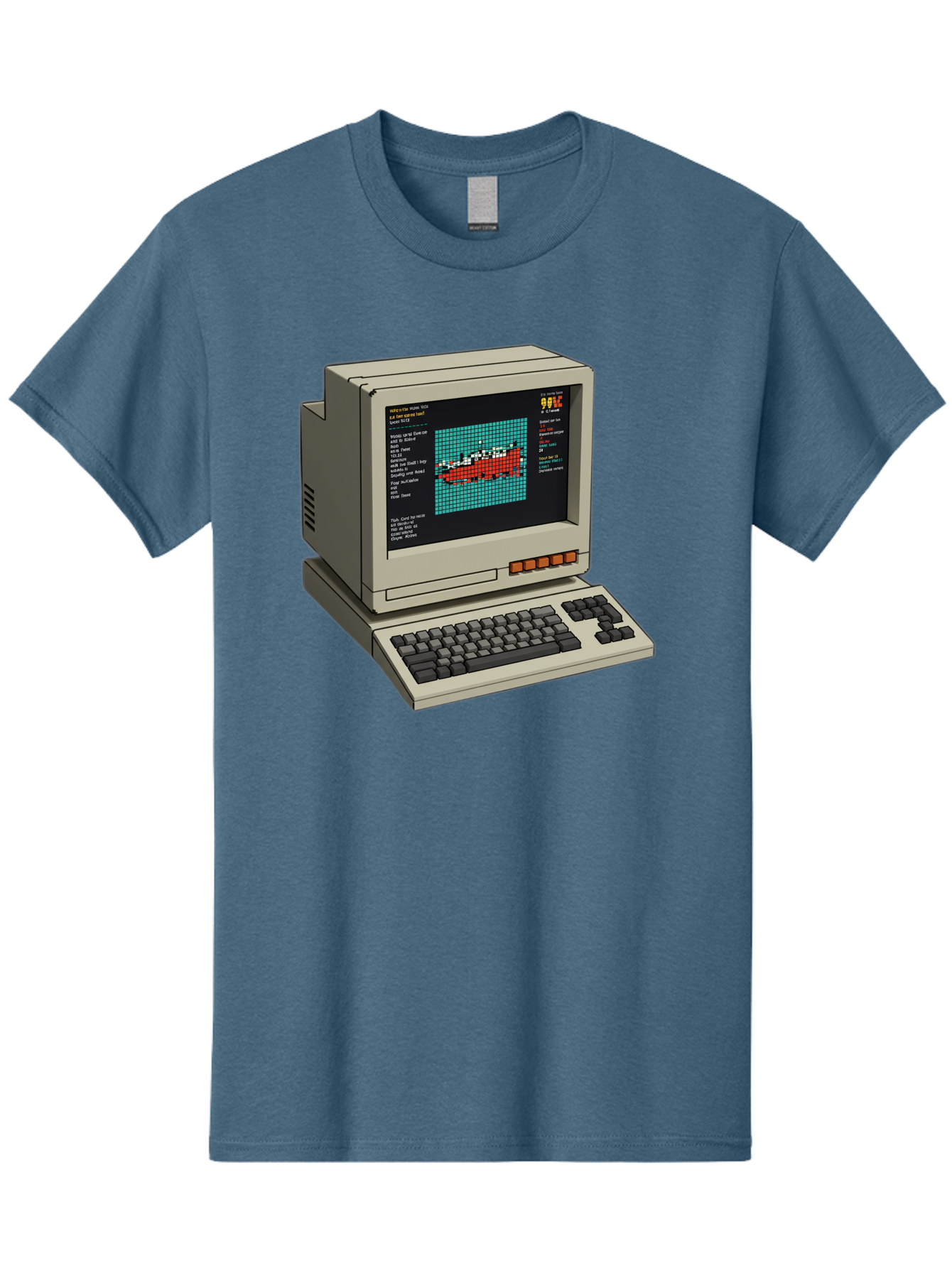 Elite-Game-On-Apple-Ii Men'S Graphic Tee, 100% Cotton, Comfortable Casual Summer Wear, Machine Washable, Retro Computer, Apple Ii, Vintage Technology, Pixel Art, Old School Gaming, 8-Bit Graphics, Red Boat, Turquoise Grid Baa645