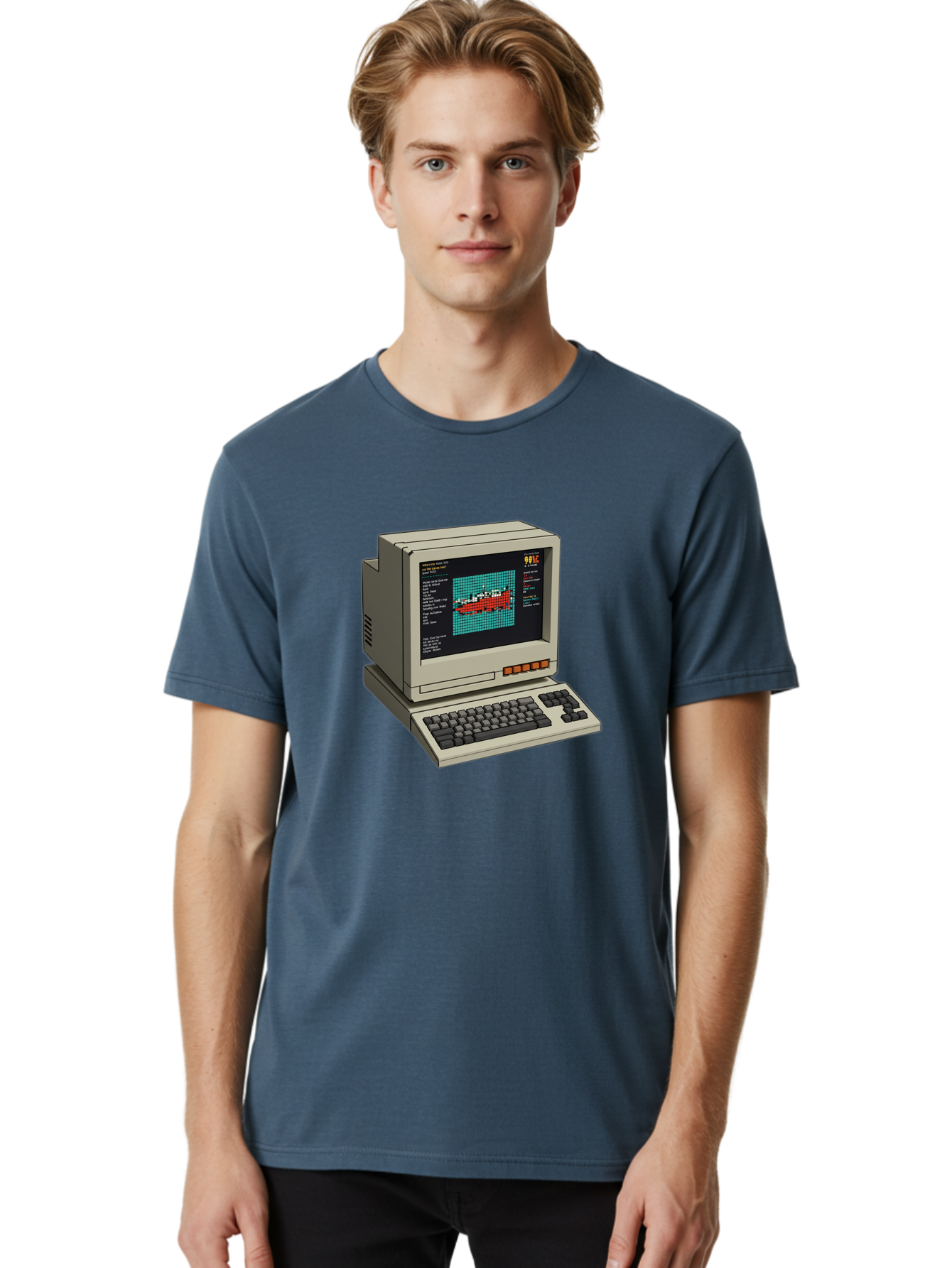 Elite-Game-On-Apple-Ii Men'S Graphic Tee, 100% Cotton, Comfortable Casual Summer Wear, Machine Washable, Retro Computer, Apple Ii, Vintage Technology, Pixel Art, Old School Gaming, 8-Bit Graphics, Red Boat, Turquoise Grid Baa645