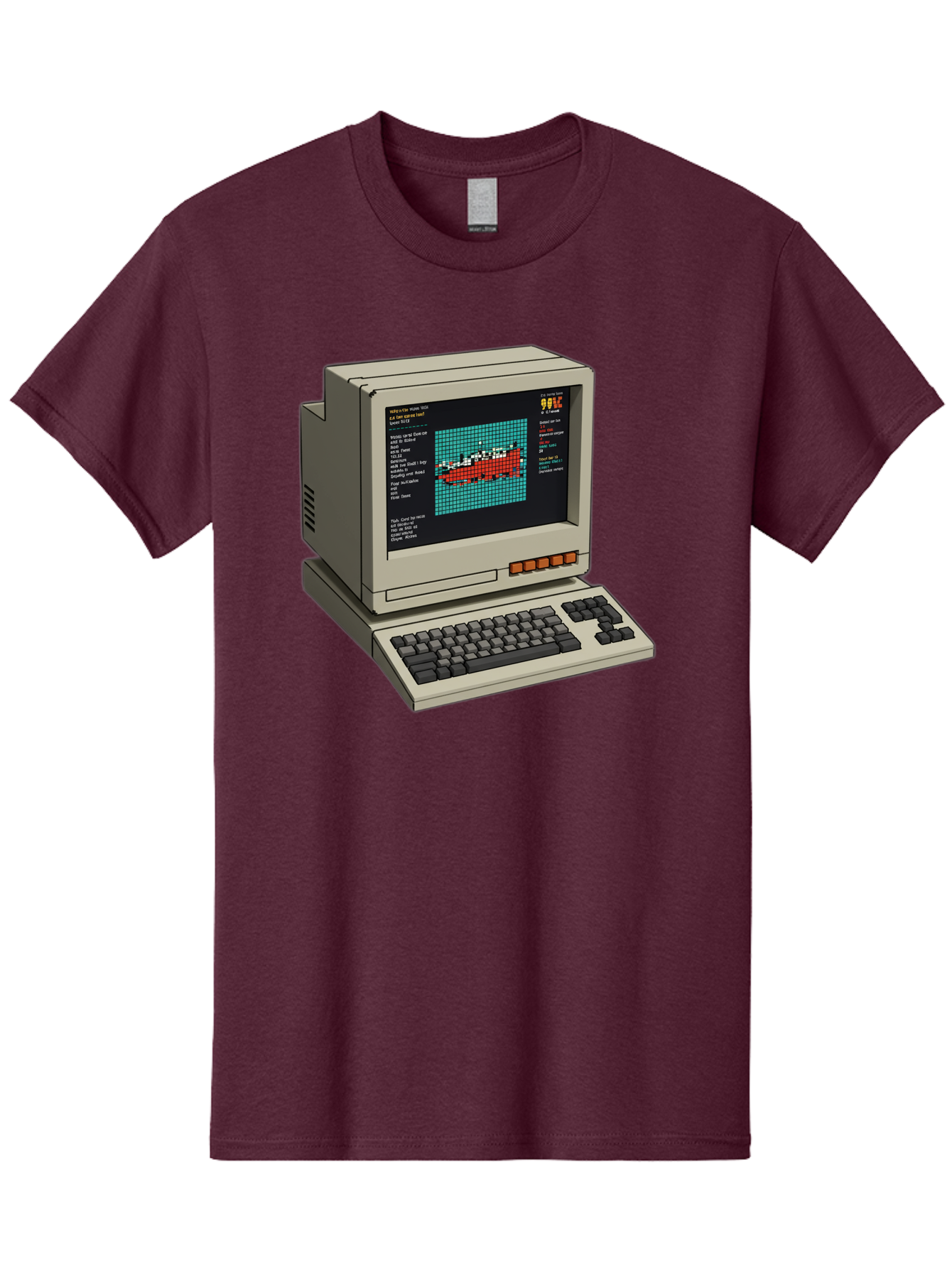 Elite-Game-On-Apple-Ii Men'S Graphic Tee, 100% Cotton, Comfortable Casual Summer Wear, Machine Washable, Retro Computer, Apple Ii, Vintage Technology, Pixel Art, Old School Gaming, 8-Bit Graphics, Red Boat, Turquoise Grid Baa645