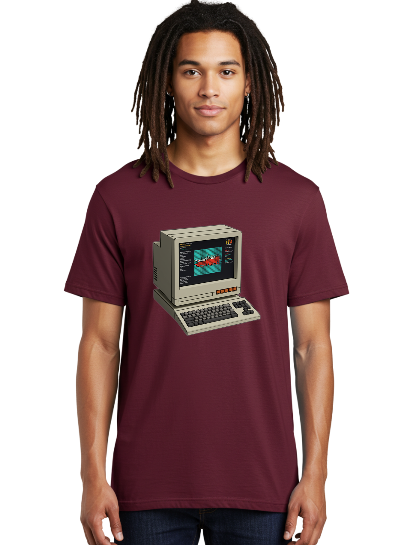 Elite-Game-On-Apple-Ii Men'S Graphic Tee, 100% Cotton, Comfortable Casual Summer Wear, Machine Washable, Retro Computer, Apple Ii, Vintage Technology, Pixel Art, Old School Gaming, 8-Bit Graphics, Red Boat, Turquoise Grid Baa645