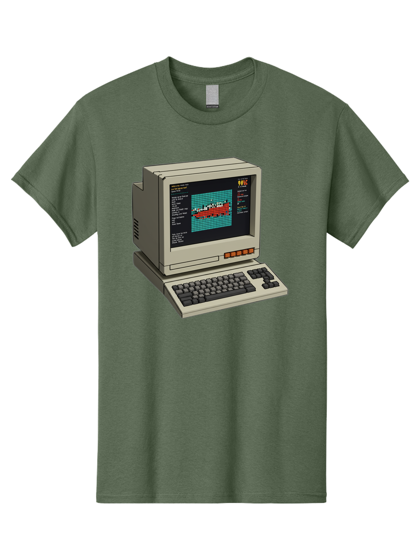 Elite-Game-On-Apple-Ii Men'S Graphic Tee, 100% Cotton, Comfortable Casual Summer Wear, Machine Washable, Retro Computer, Apple Ii, Vintage Technology, Pixel Art, Old School Gaming, 8-Bit Graphics, Red Boat, Turquoise Grid Baa645