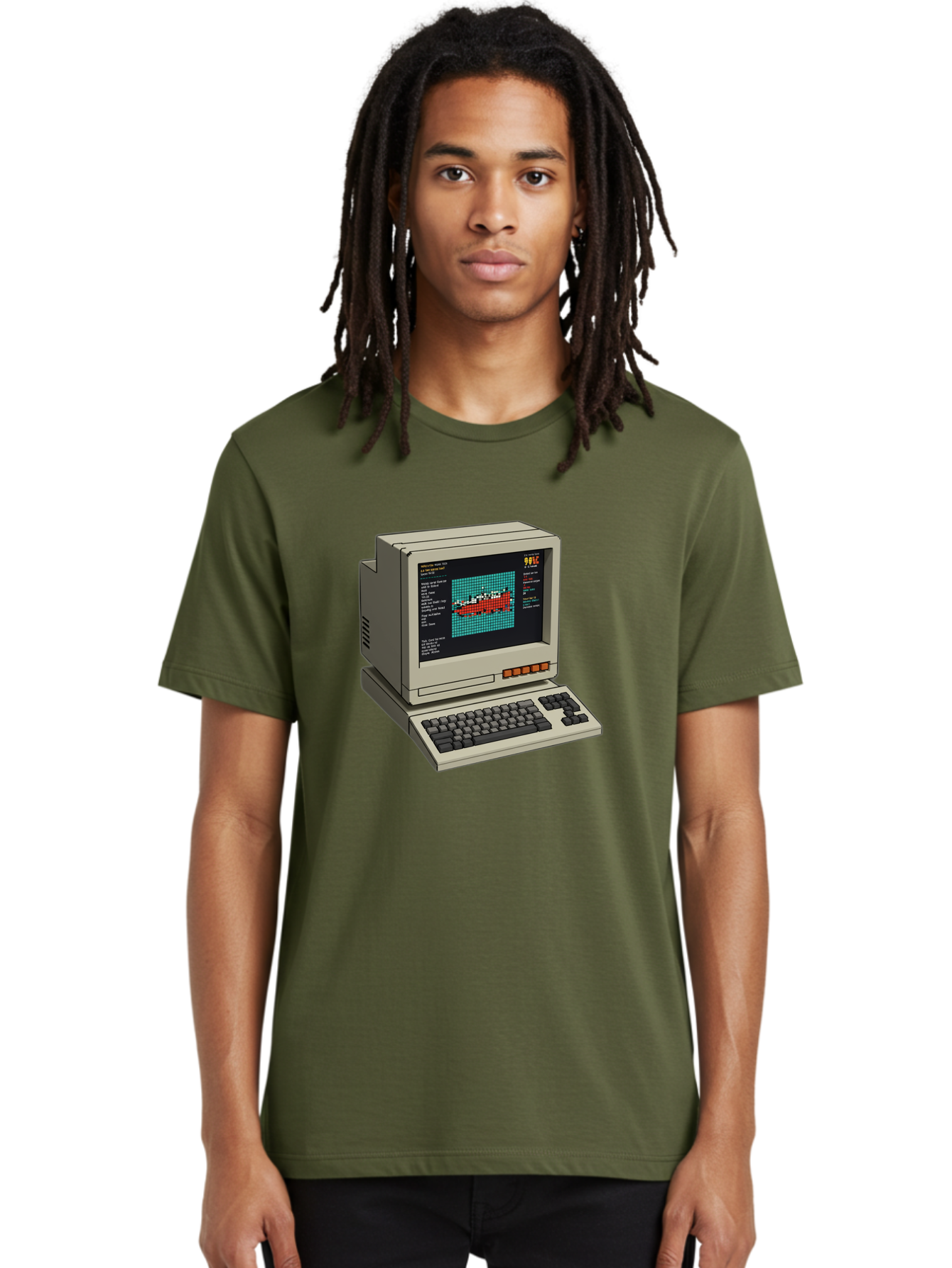 Elite-Game-On-Apple-Ii Men'S Graphic Tee, 100% Cotton, Comfortable Casual Summer Wear, Machine Washable, Retro Computer, Apple Ii, Vintage Technology, Pixel Art, Old School Gaming, 8-Bit Graphics, Red Boat, Turquoise Grid Baa645
