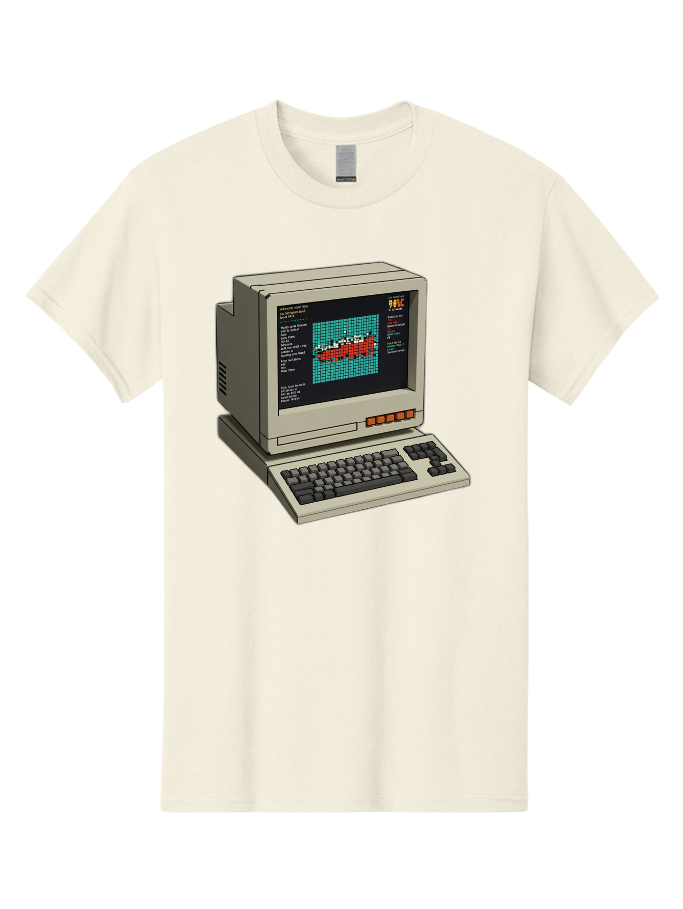 Elite-Game-On-Apple-Ii Men'S Graphic Tee, 100% Cotton, Comfortable Casual Summer Wear, Machine Washable, Retro Computer, Apple Ii, Vintage Technology, Pixel Art, Old School Gaming, 8-Bit Graphics, Red Boat, Turquoise Grid Baa645