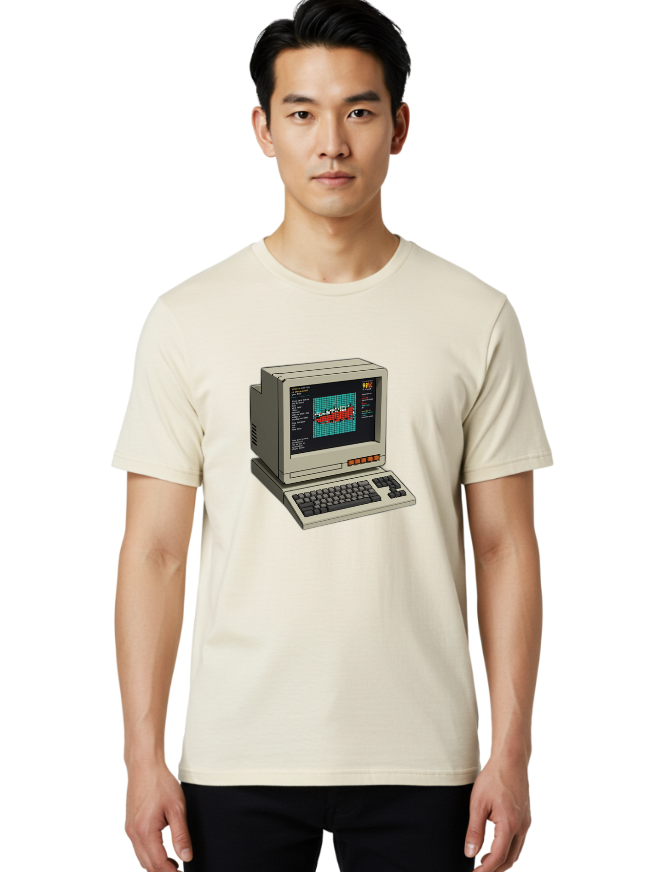 Elite-Game-On-Apple-Ii Men'S Graphic Tee, 100% Cotton, Comfortable Casual Summer Wear, Machine Washable, Retro Computer, Apple Ii, Vintage Technology, Pixel Art, Old School Gaming, 8-Bit Graphics, Red Boat, Turquoise Grid Baa645