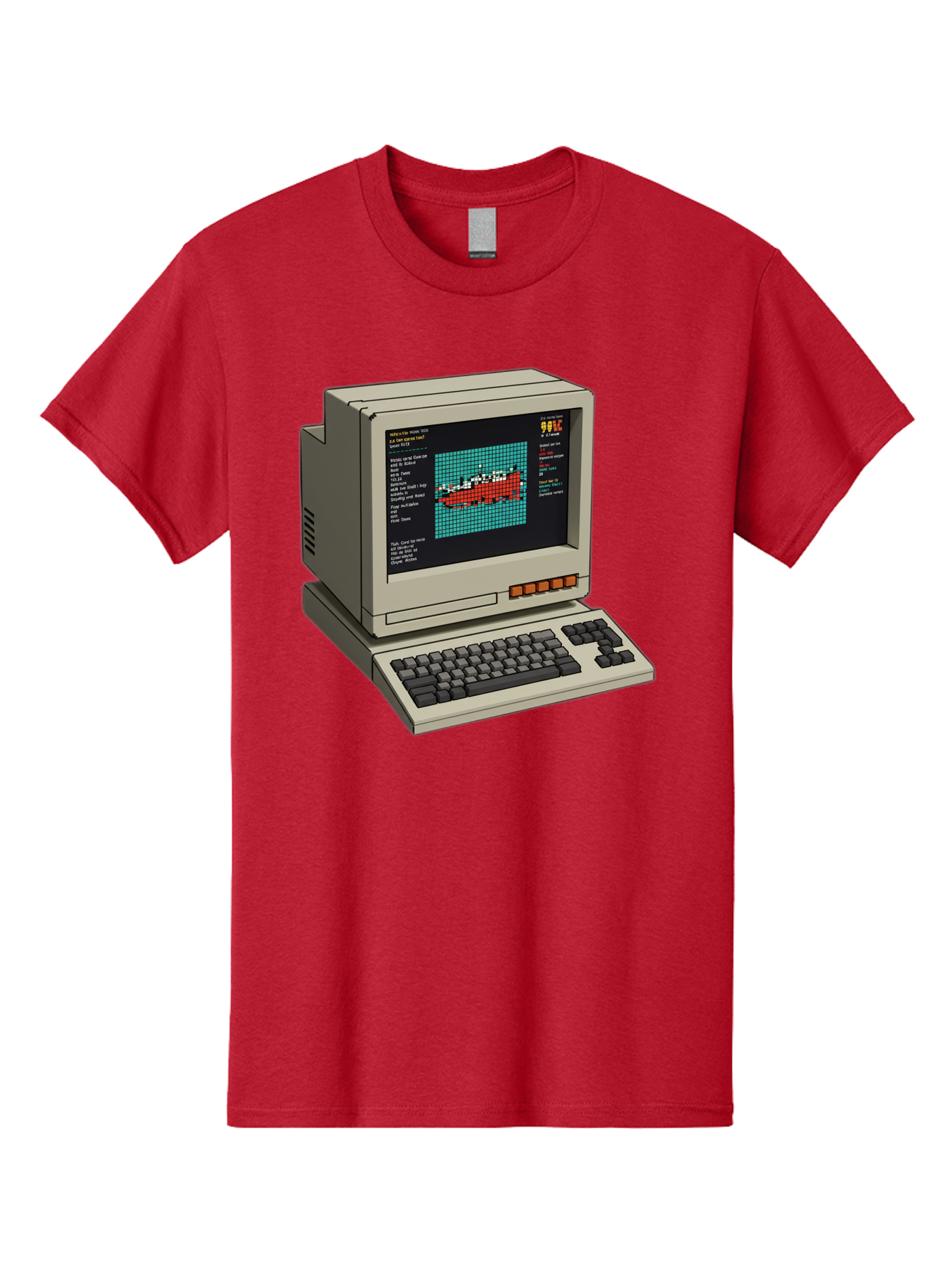 Elite-Game-On-Apple-Ii Men'S Graphic Tee, 100% Cotton, Comfortable Casual Summer Wear, Machine Washable, Retro Computer, Apple Ii, Vintage Technology, Pixel Art, Old School Gaming, 8-Bit Graphics, Red Boat, Turquoise Grid Baa645