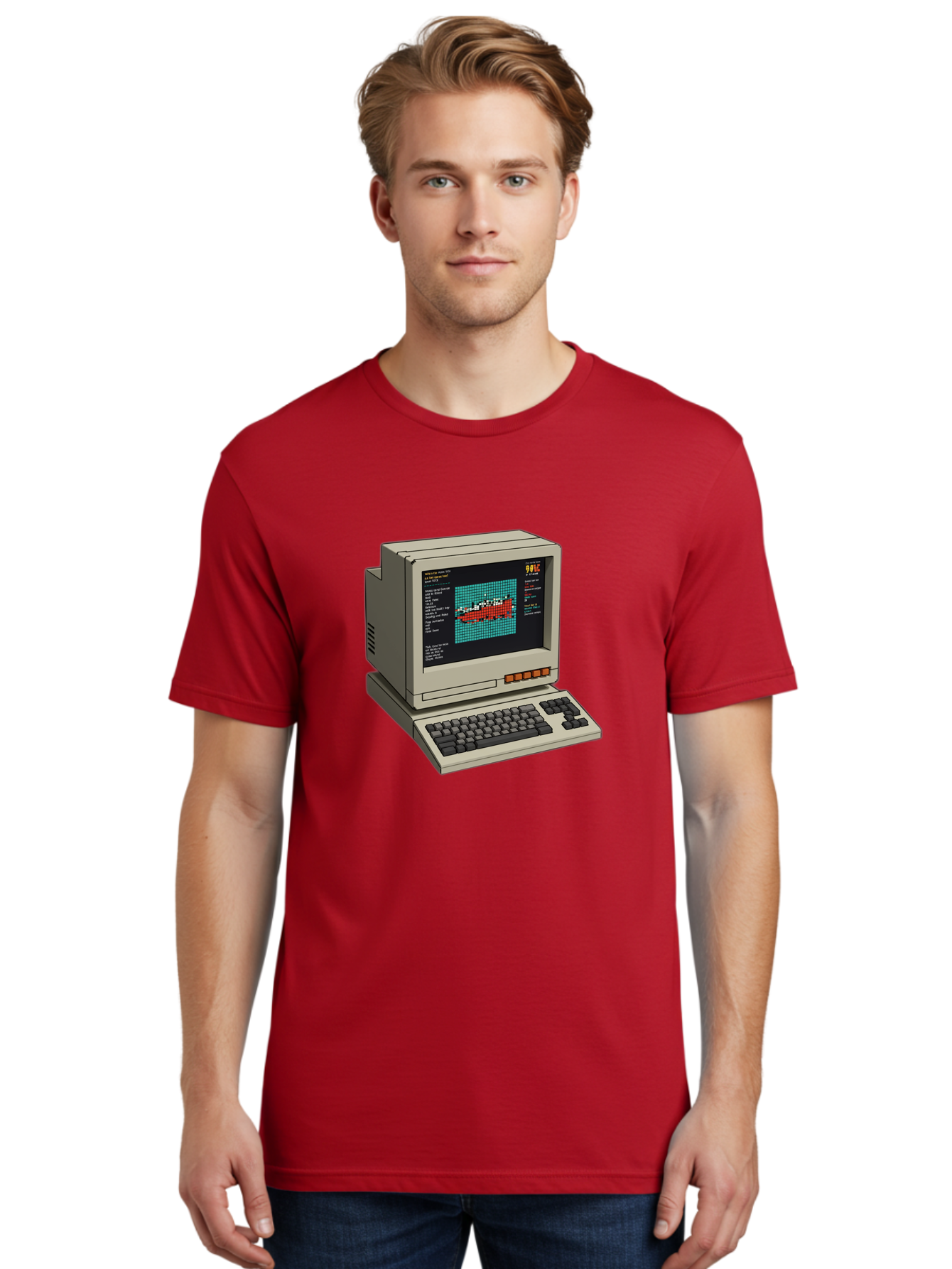 Elite-Game-On-Apple-Ii Men'S Graphic Tee, 100% Cotton, Comfortable Casual Summer Wear, Machine Washable, Retro Computer, Apple Ii, Vintage Technology, Pixel Art, Old School Gaming, 8-Bit Graphics, Red Boat, Turquoise Grid Baa645