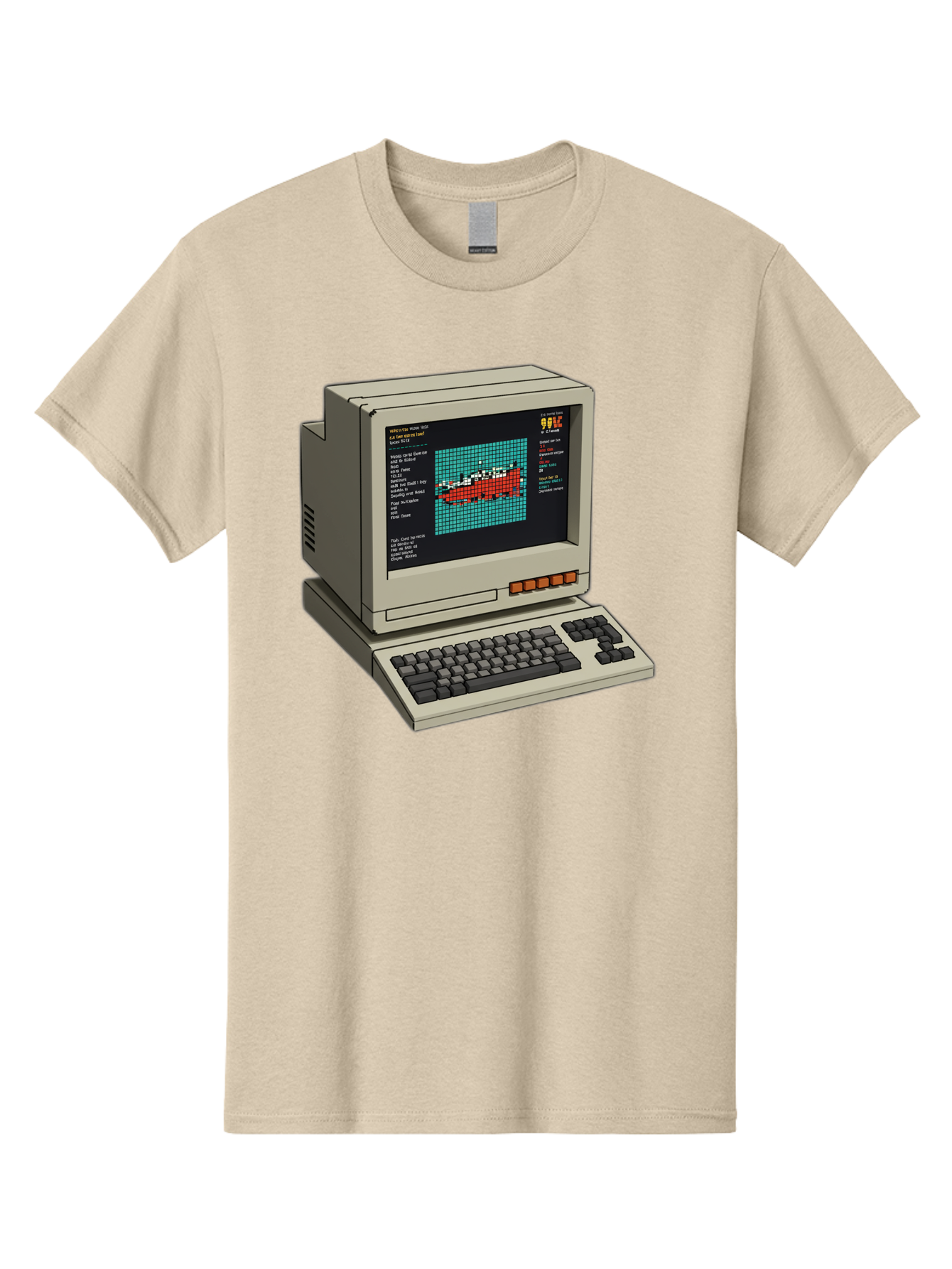 Elite-Game-On-Apple-Ii Men'S Graphic Tee, 100% Cotton, Comfortable Casual Summer Wear, Machine Washable, Retro Computer, Apple Ii, Vintage Technology, Pixel Art, Old School Gaming, 8-Bit Graphics, Red Boat, Turquoise Grid Baa645