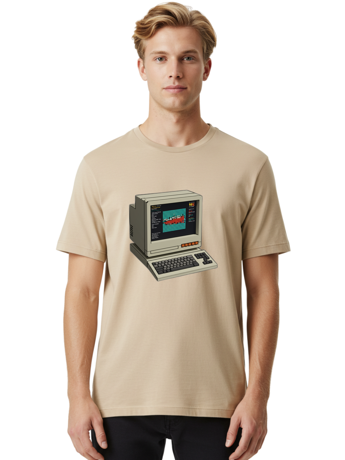 Elite-Game-On-Apple-Ii Men'S Graphic Tee, 100% Cotton, Comfortable Casual Summer Wear, Machine Washable, Retro Computer, Apple Ii, Vintage Technology, Pixel Art, Old School Gaming, 8-Bit Graphics, Red Boat, Turquoise Grid Baa645