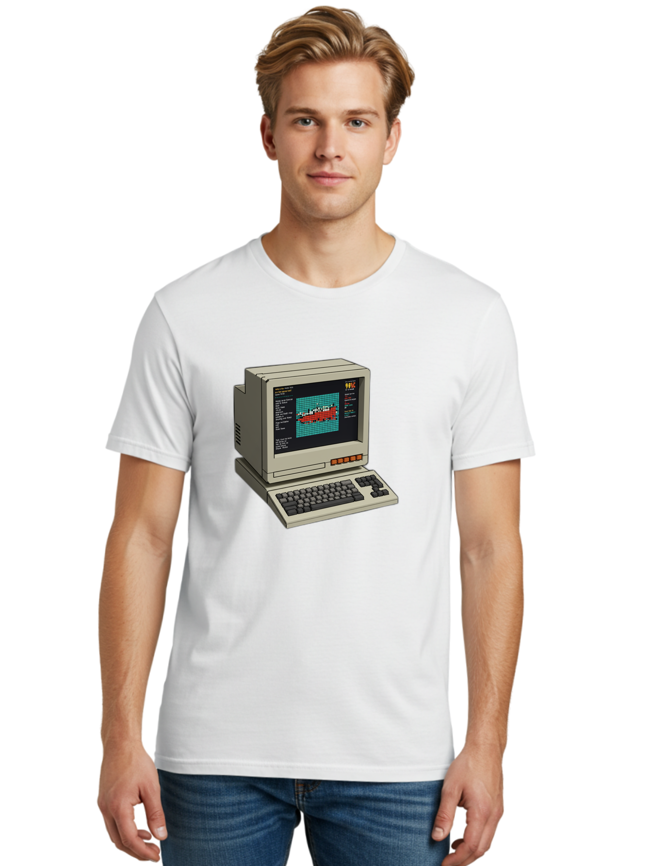 Elite-Game-On-Apple-Ii Men'S Graphic Tee, 100% Cotton, Comfortable Casual Summer Wear, Machine Washable, Retro Computer, Apple Ii, Vintage Technology, Pixel Art, Old School Gaming, 8-Bit Graphics, Red Boat, Turquoise Grid Baa645