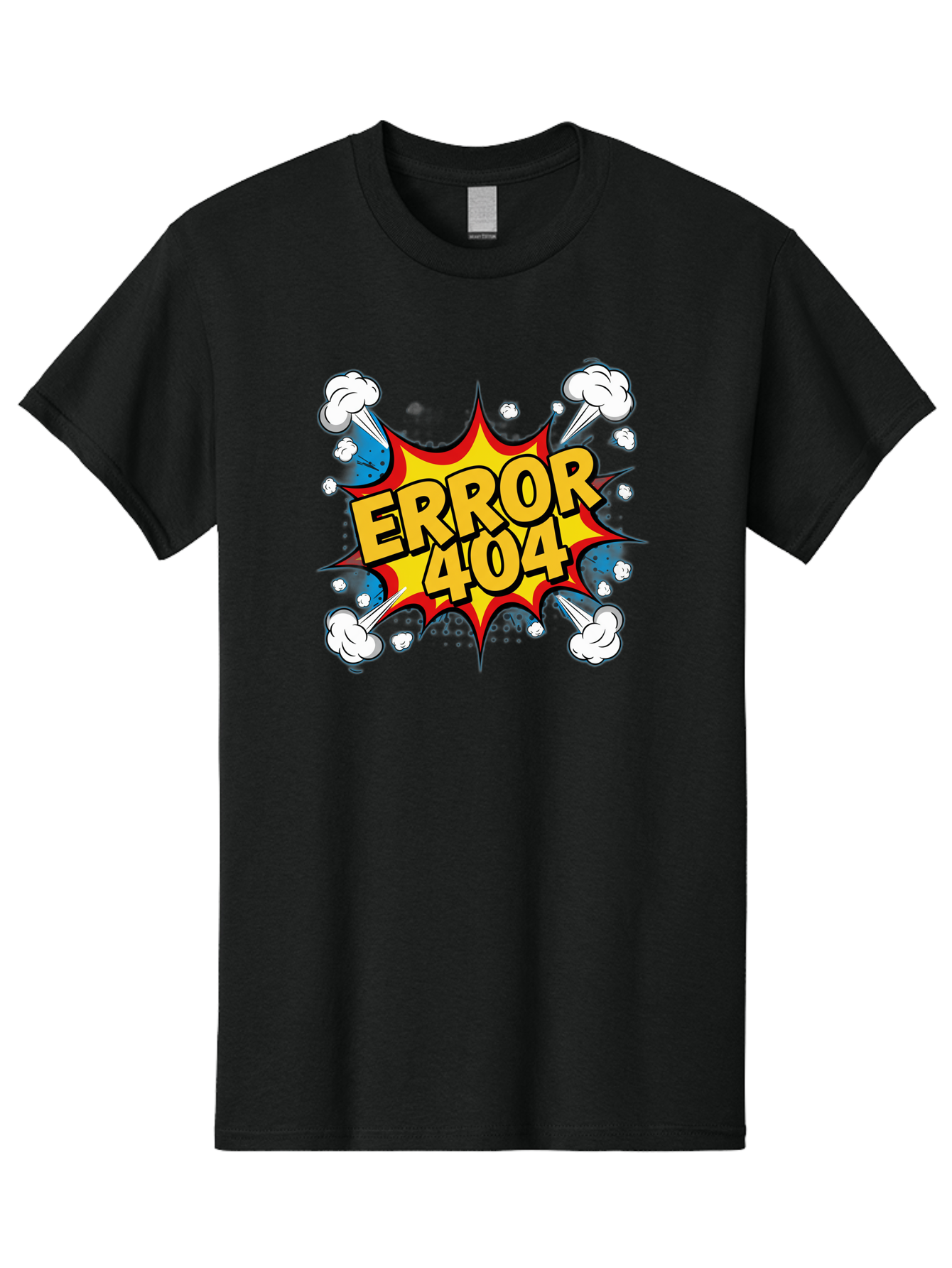 Error-404-3 Men'S Graphic Tee, 100% Cotton, Comfortable Casual Summer Wear, Machine Washable, Error Message, 404 Page Not Found, Cartoon Style, Comic Explosion, Yellow Text, Red Outline, White Clouds, Blue Bombs, Retro Aesthetic, Funny Design, Baa651